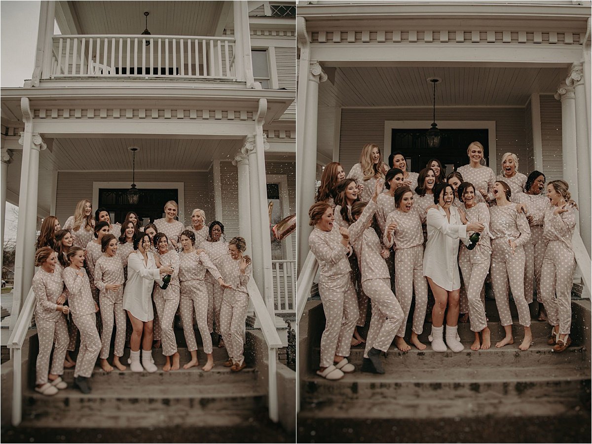 The bridal party celebrates wedding day in their matching pajama sets