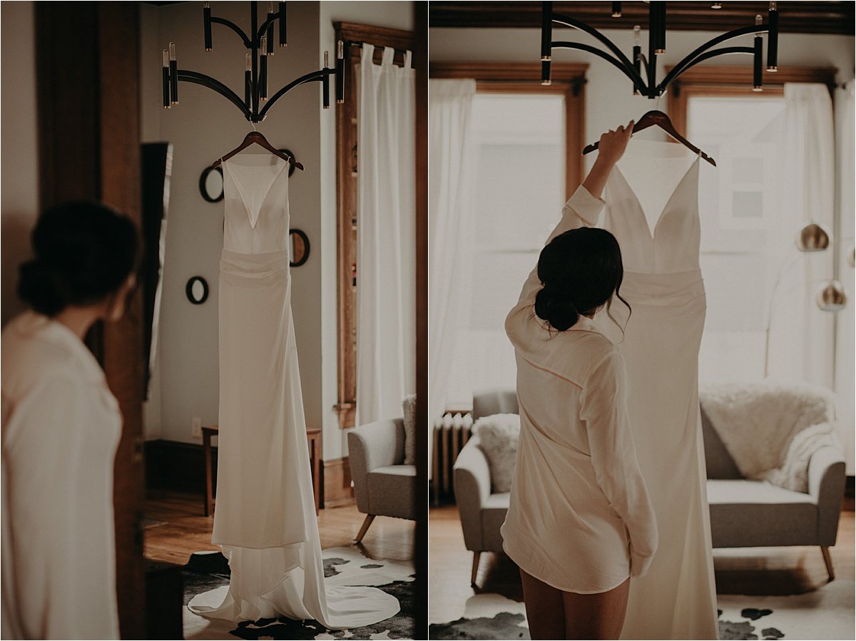 The bride peeks in on her Lela Rose wedding gown