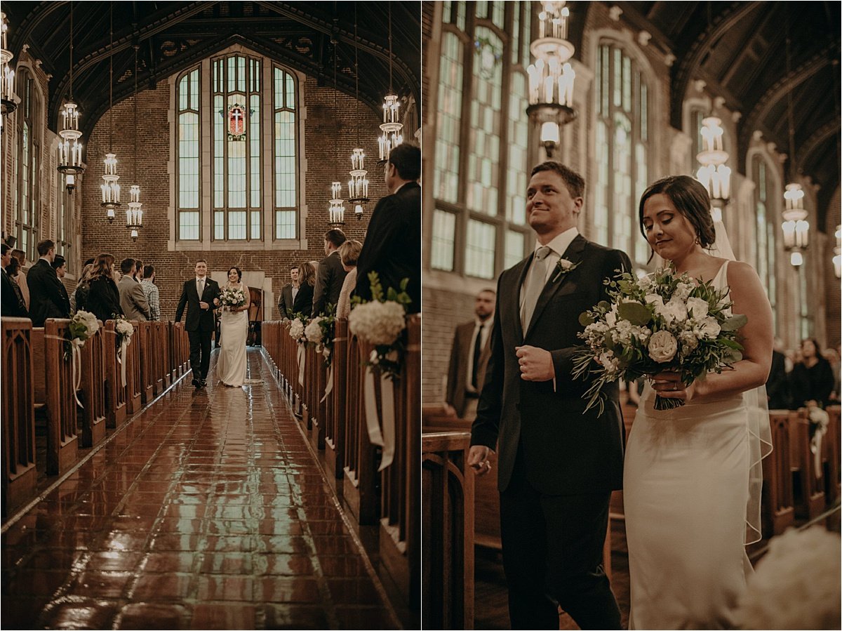 The bride and her father make their entrance in the chapel
