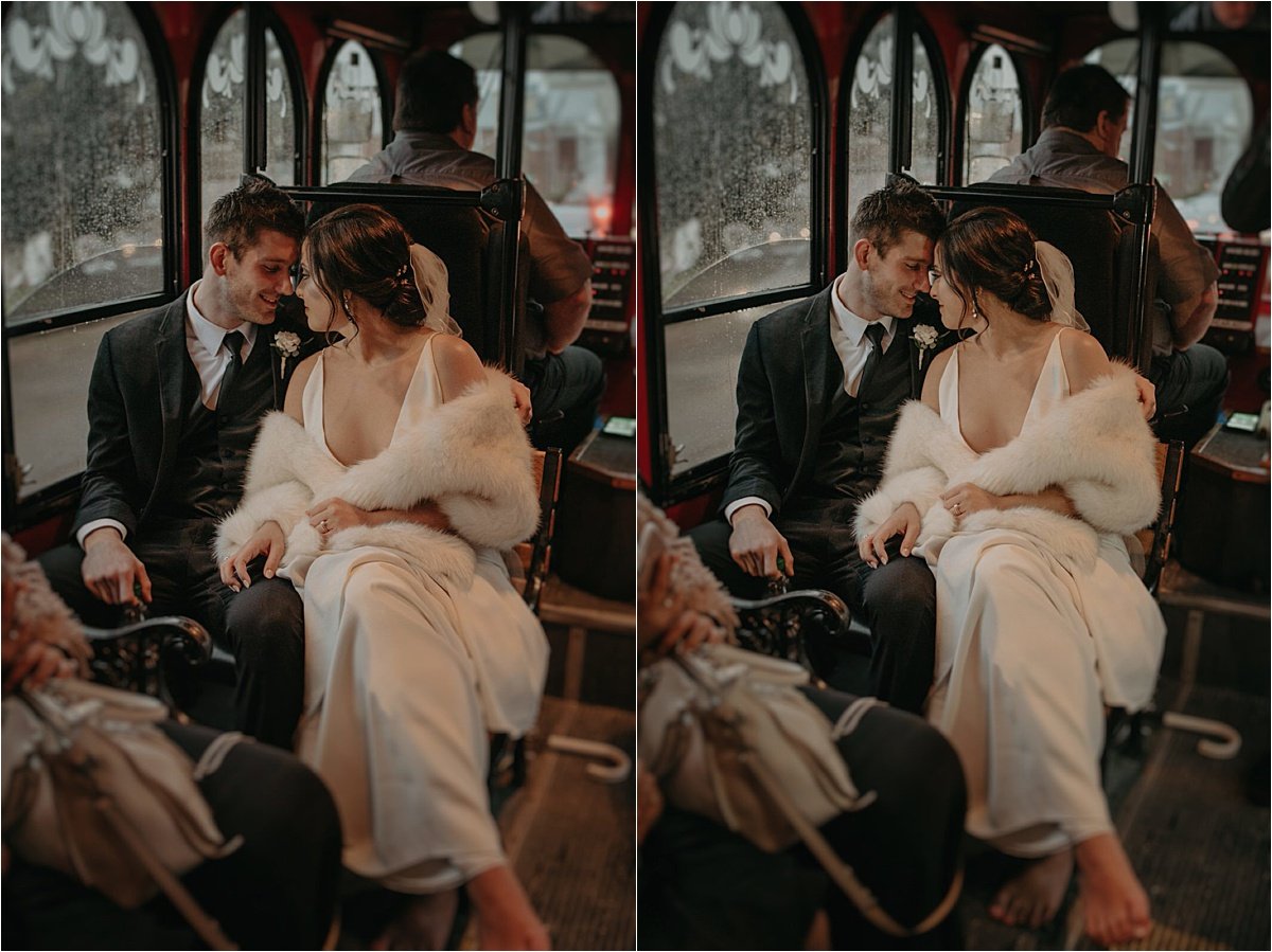 Chattanooga, Tn's free trolley service drove the wedding party to their reception at Church on Main