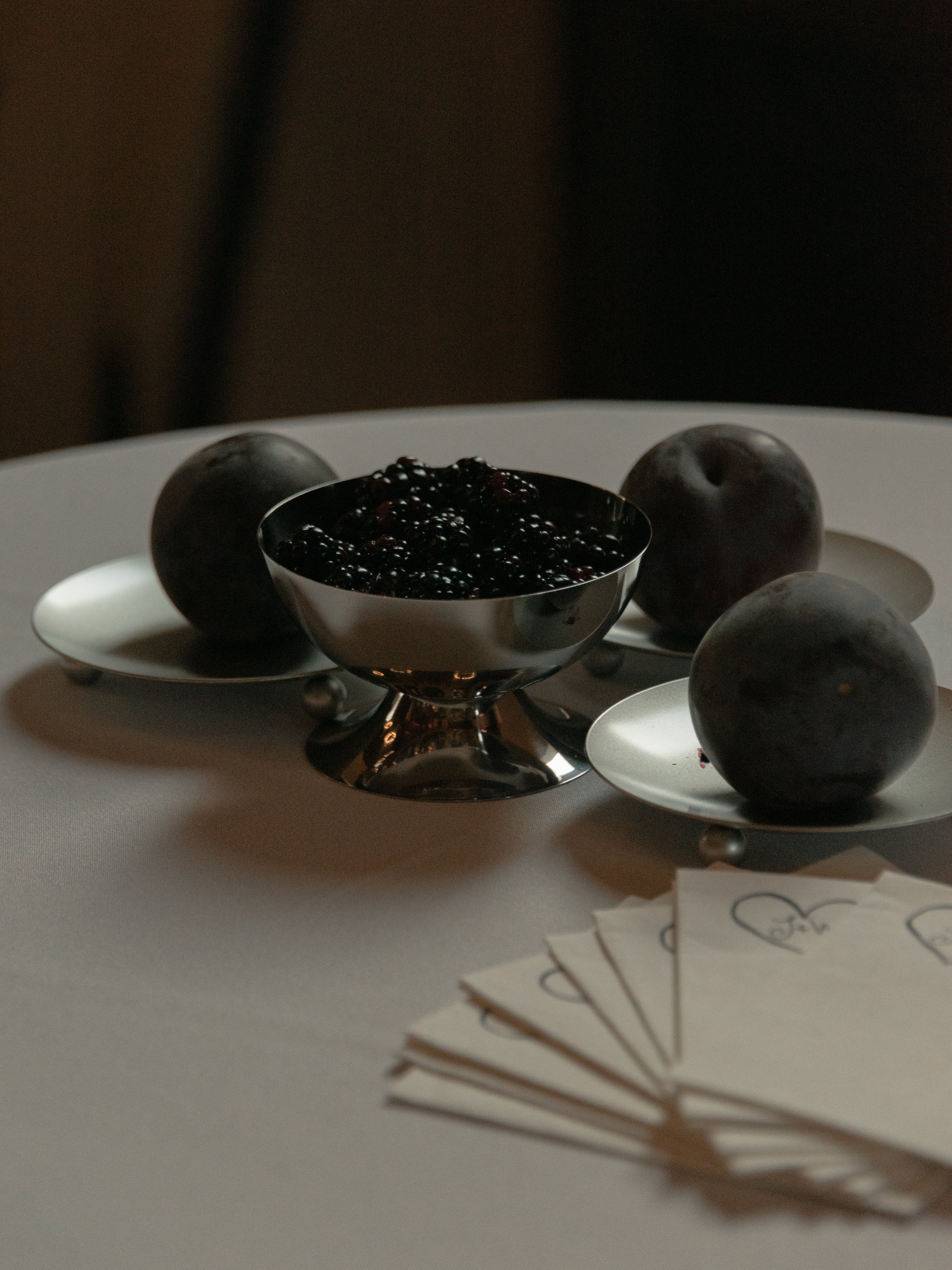 Sculptural fruit still life incorporated into the rehearsal dinner food display.