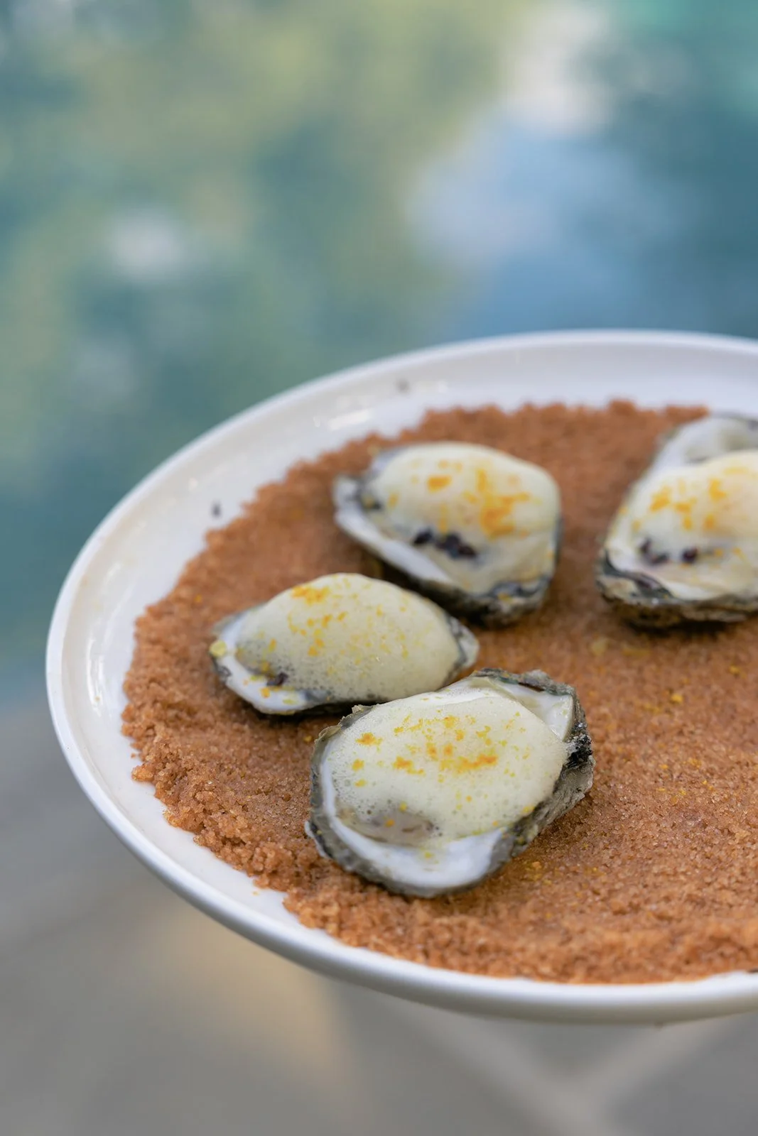 Passed oysters served on a tray during outdoor cocktail hour at Goodstone Inn in Middleburg, Virginia.