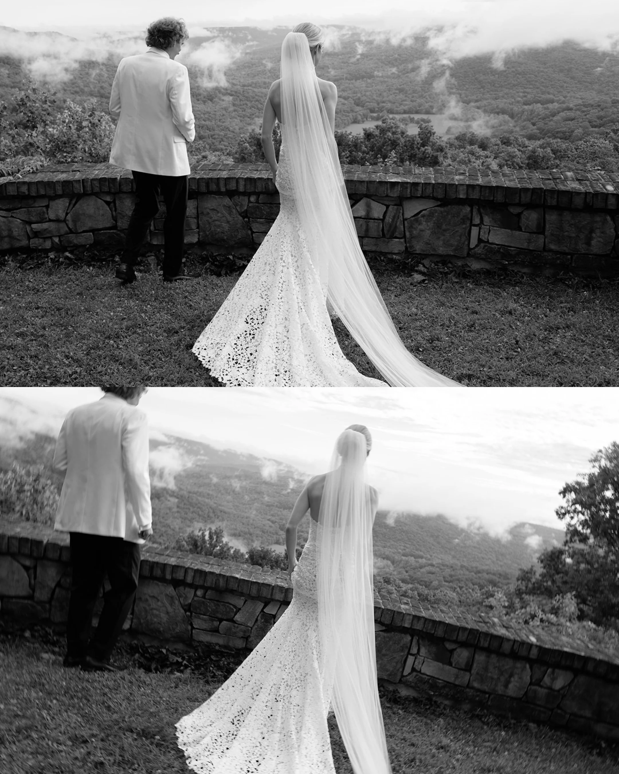 Black and white fine art wedding portrait featuring a bride’s flowing veil against a scenic landscape atop Sewanee Mountain in Tennessee. 