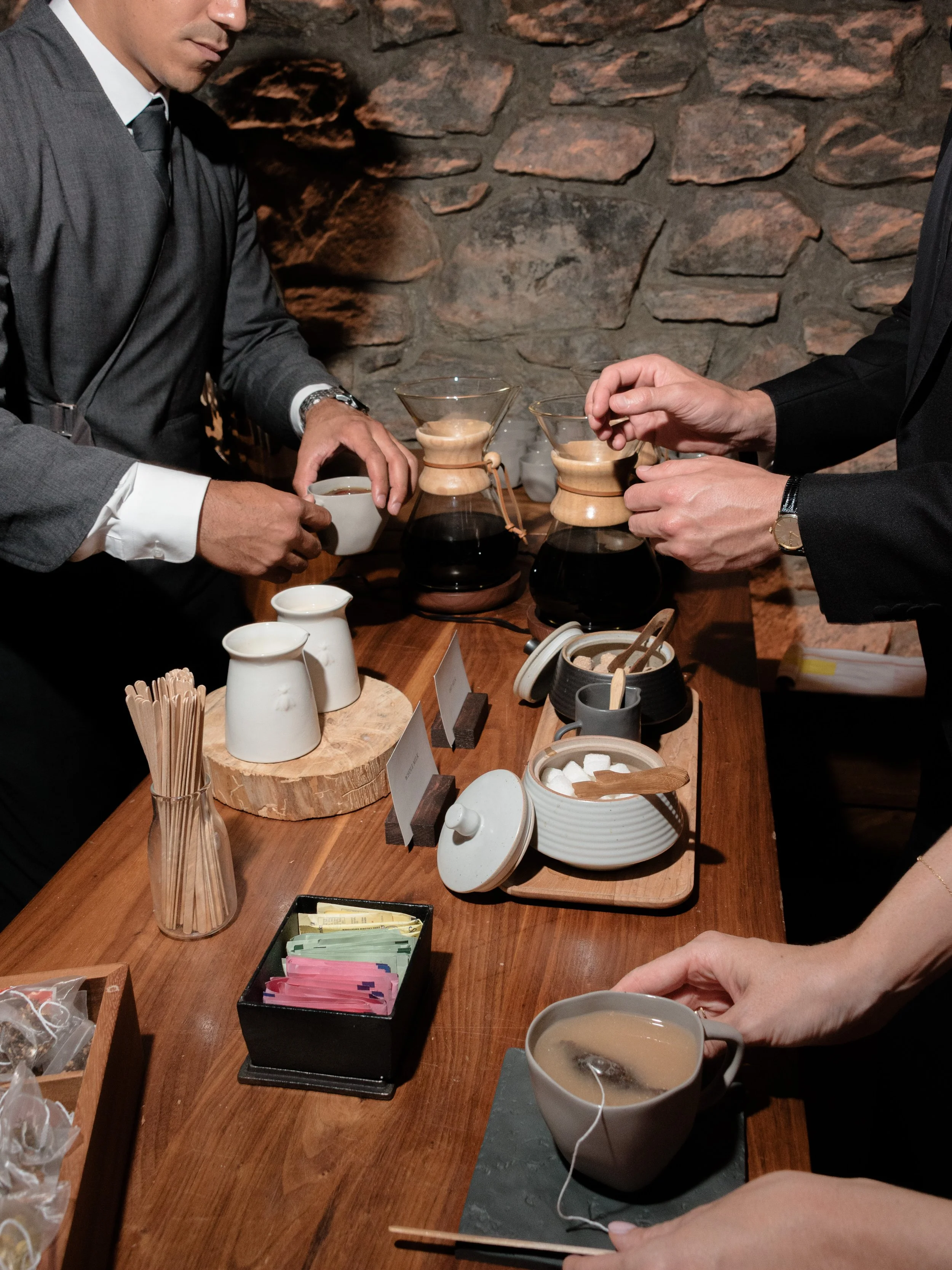 Coffee service and after-dinner tea being prepared for wedding guests at Blue Hill at Stone Barns.