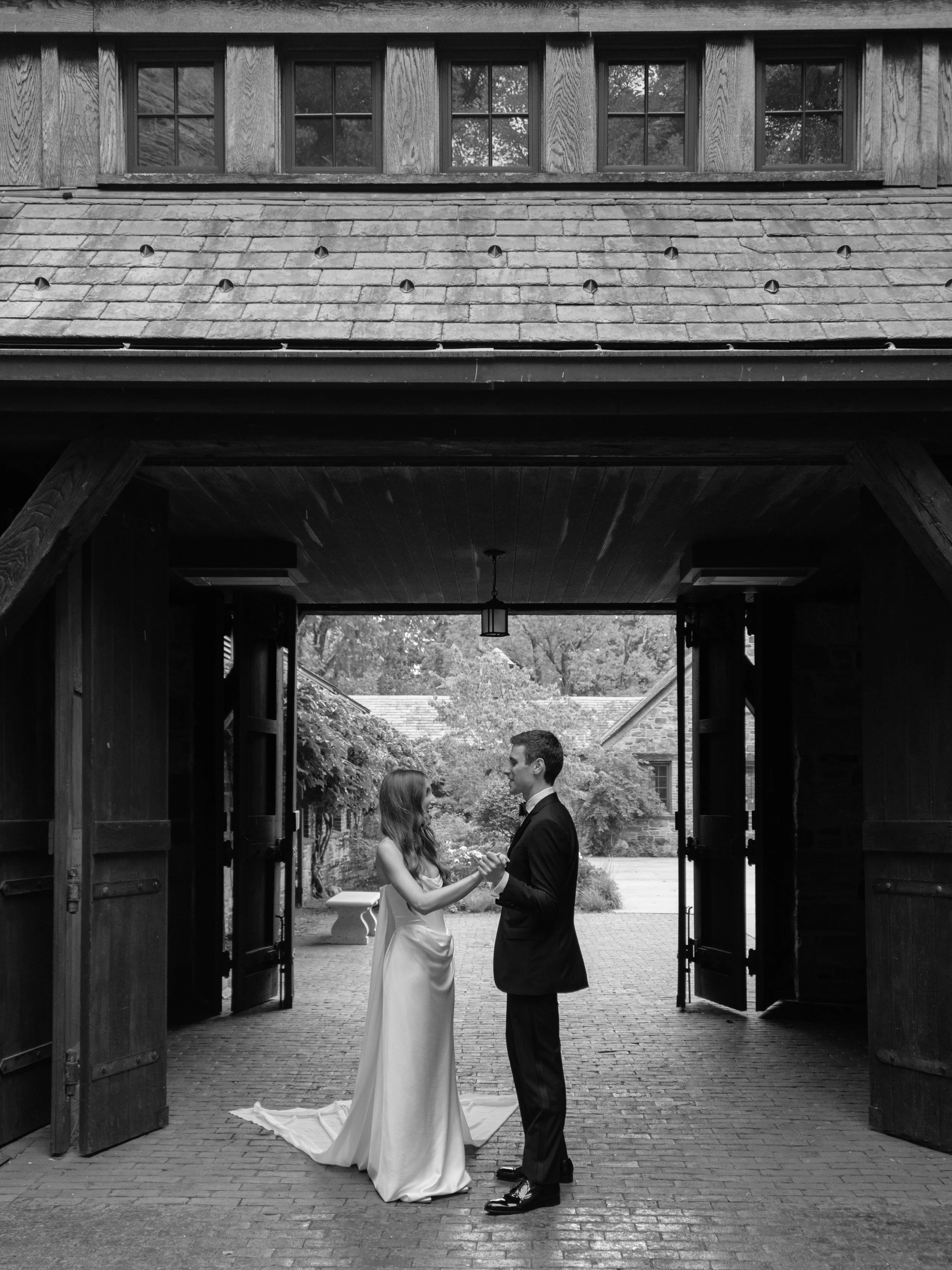A quiet first look moment between bride and groom at Blue Hill at Stone Barns.