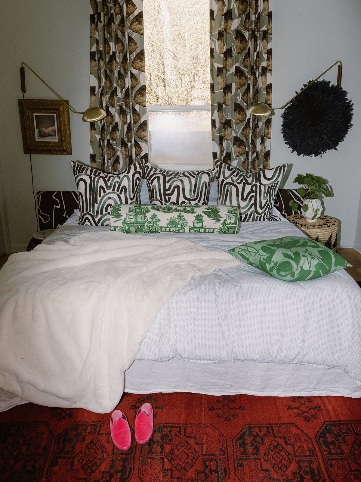 Interior detail of a thoughtfully designed bedroom of artist Kate Roebuck, showcasing architecture, textures, and hospitality-inspired styling.