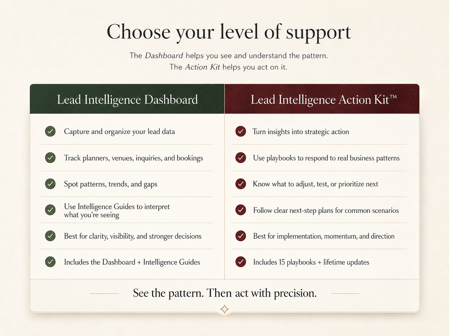 A table graphic showcasing the differences between the Lead Intelligence Dashboard and the Lead Intelligence Action Kit. Pull quotes of importance being, "See the pattern, then act with precision."