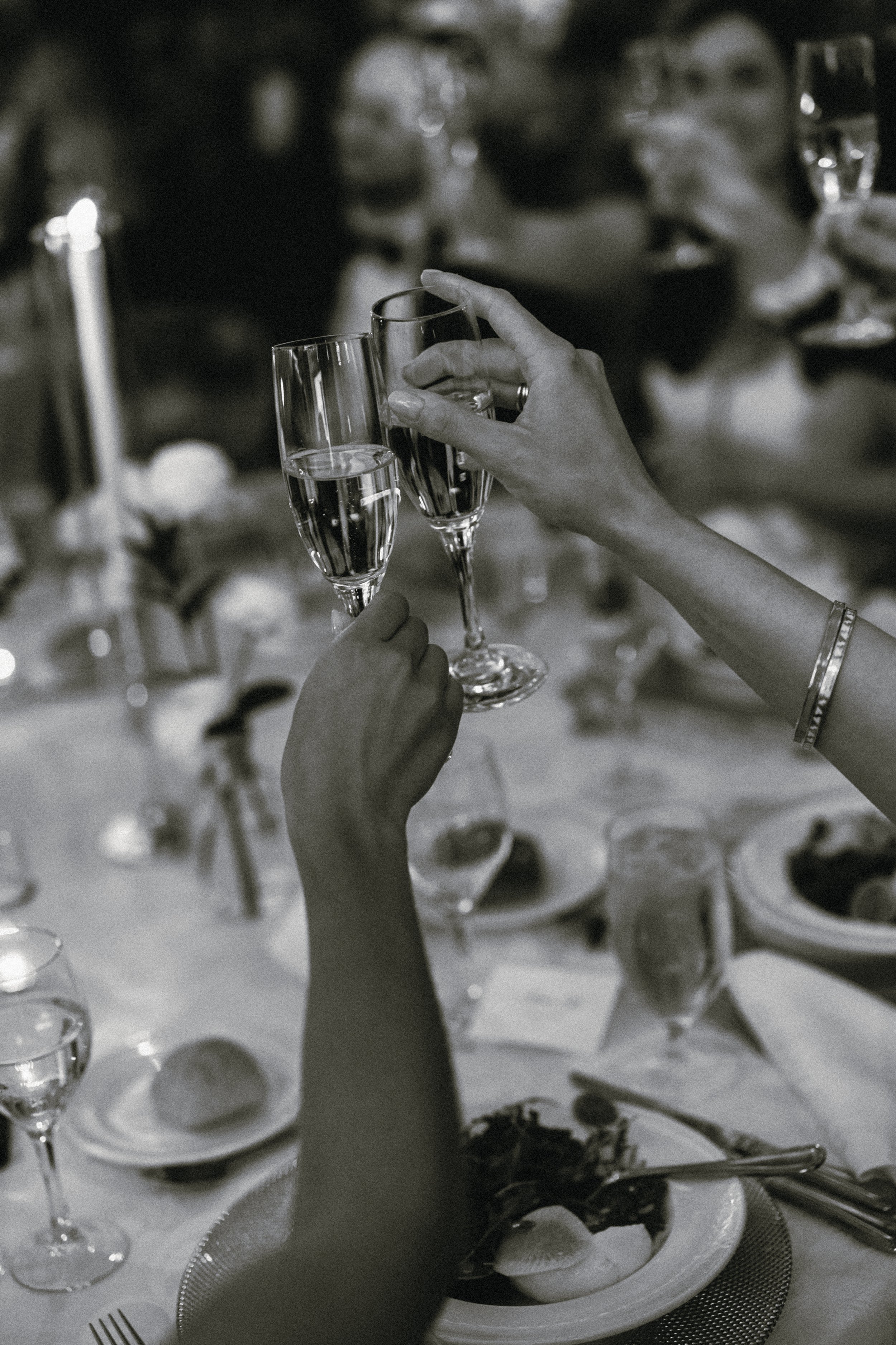 Guests raising champagne glasses during an elegant wedding reception at Shadowbrook at Shrewsbury in New Jersey.