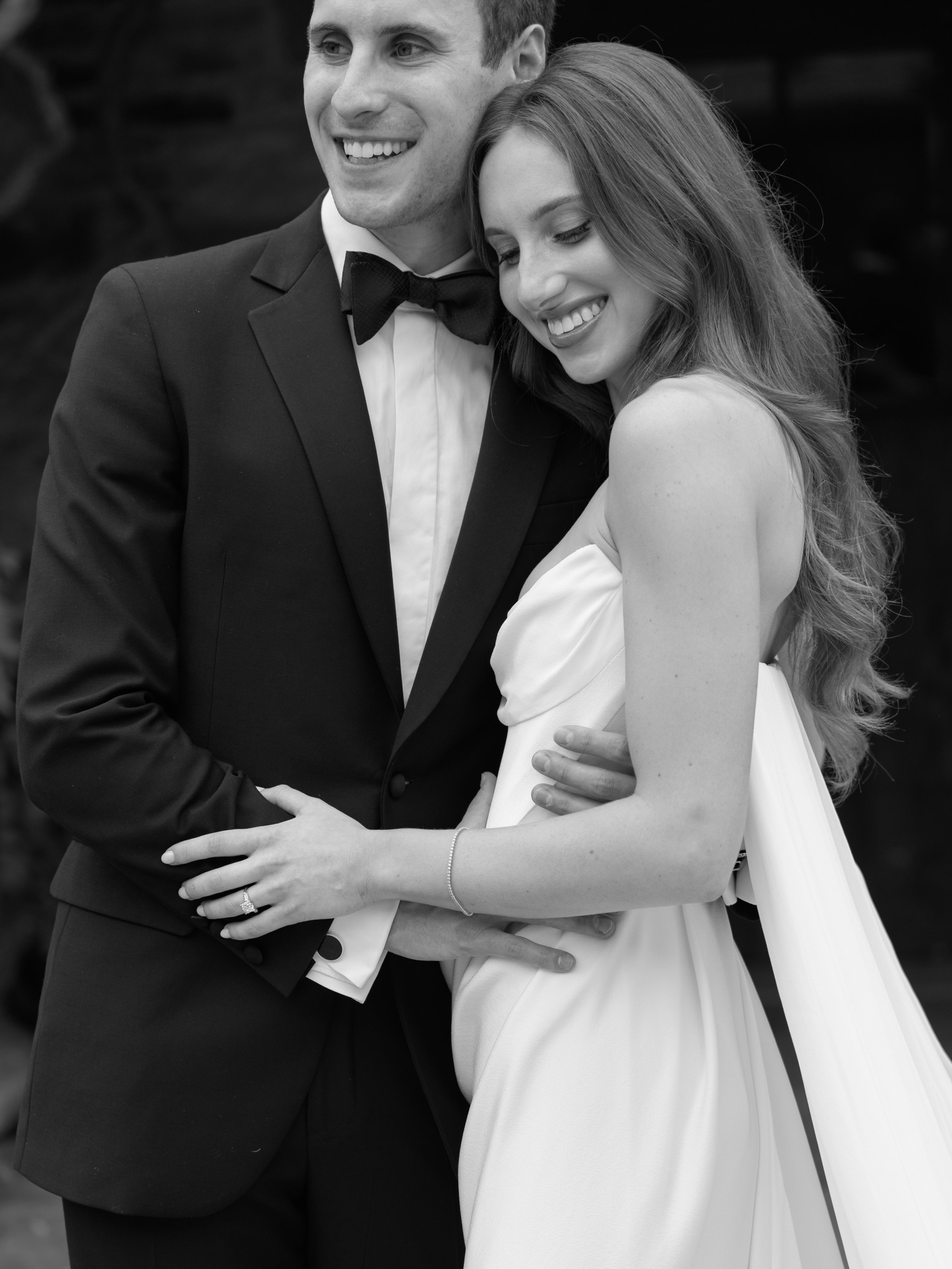 Editorial black and white tight portrait of the bride and groom in the courtyard at Blue Hill at Stone Barns