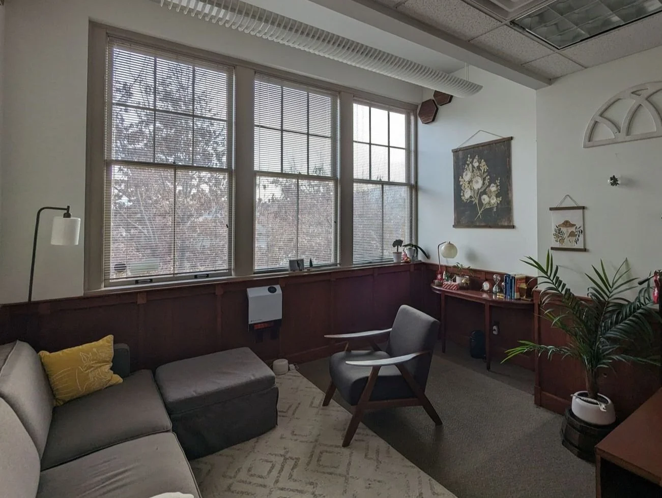 large therapy office interior with a therapist chair, comfortable couch, and large windows