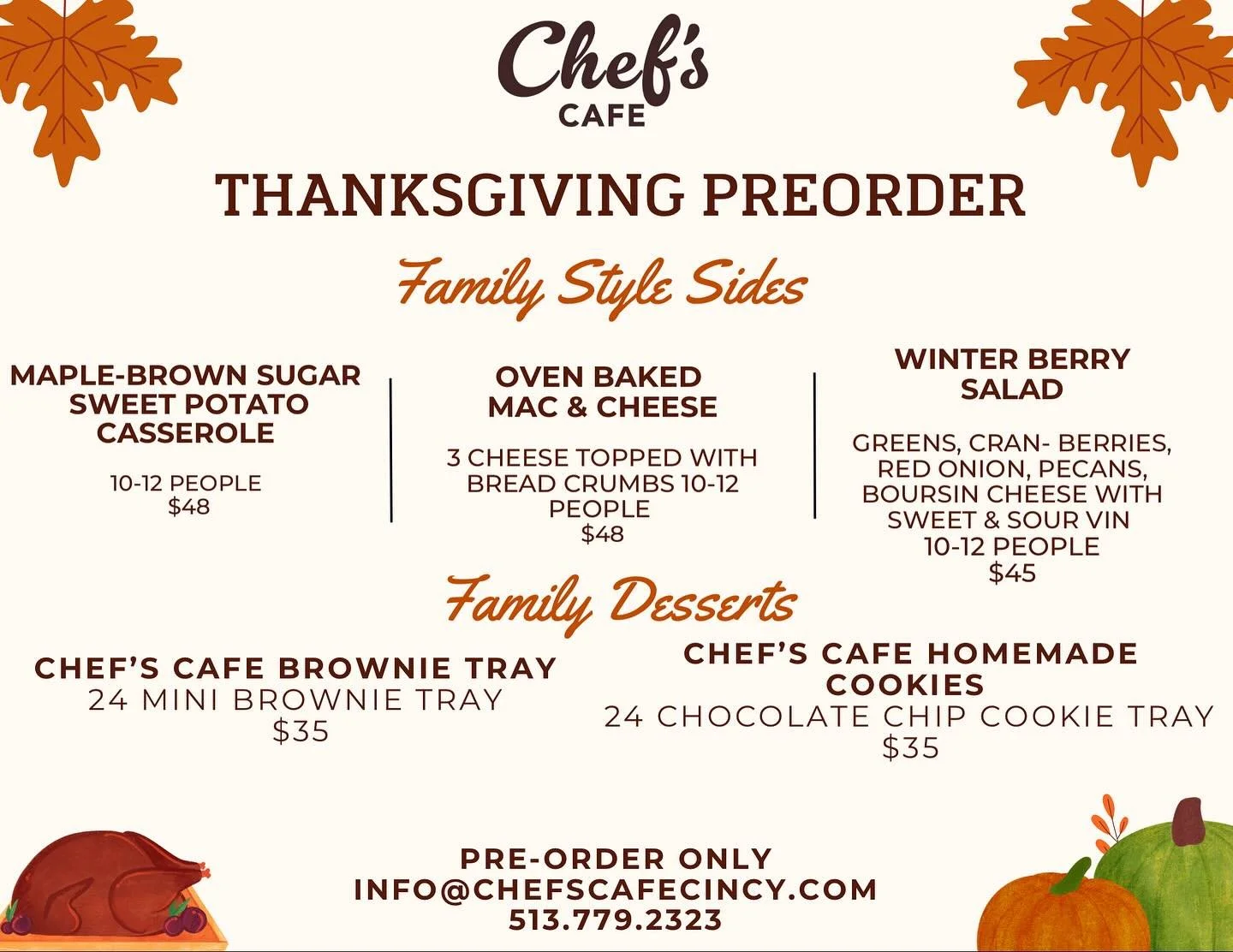 TWO DAYS left to place Pre-Orders for Thanksgiving Sides &amp; Desserts! Pick up before Thanksgiving with re-heat instructions from Chef Paul