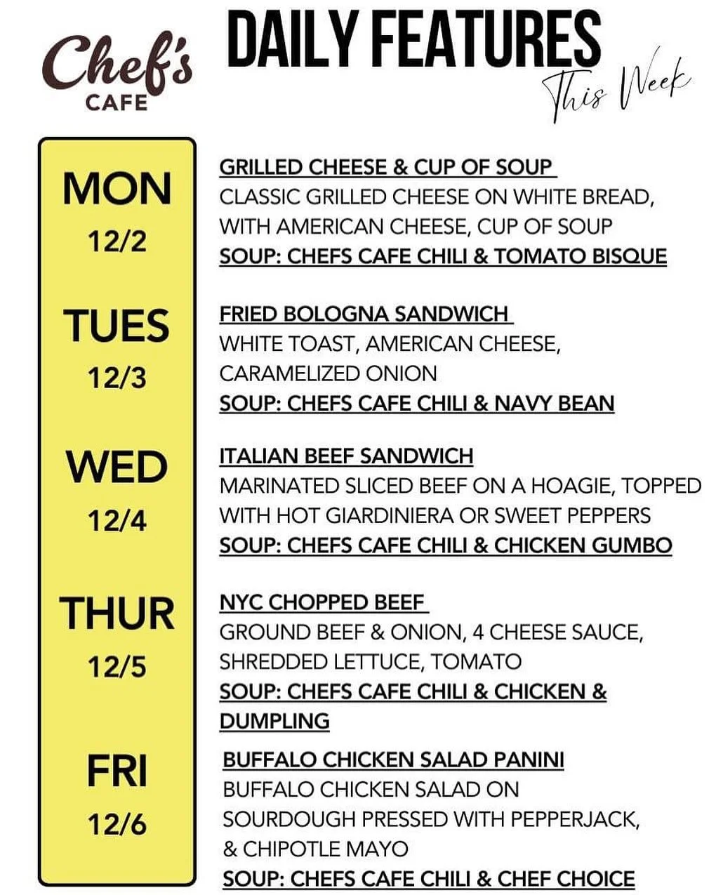 Welcome back!!! Grilled Cheese &amp; Soup Feature kind of day 🥶!! 
We are so excited to see you !