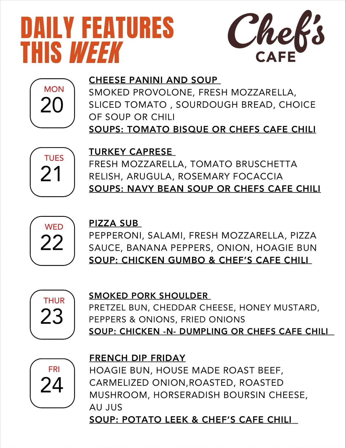 Happy Monday Chef’s Cafe Family! What a perfect day for Cheese Panini & Soup 🥪🥣