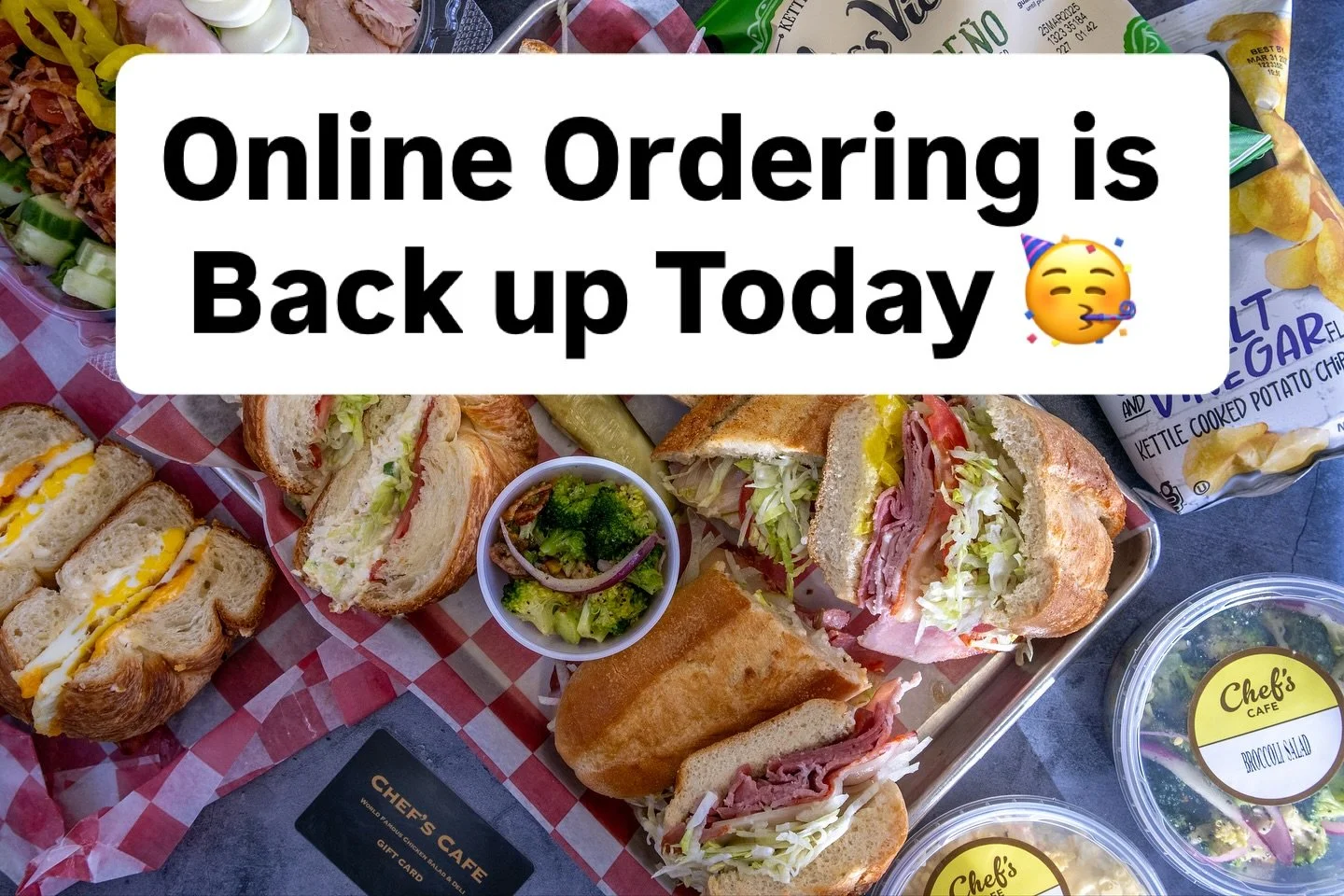 Back to regular business!! DoorDash & Toast Online Ordering is back up 
https://www.toasttab.com/chefscafecincy