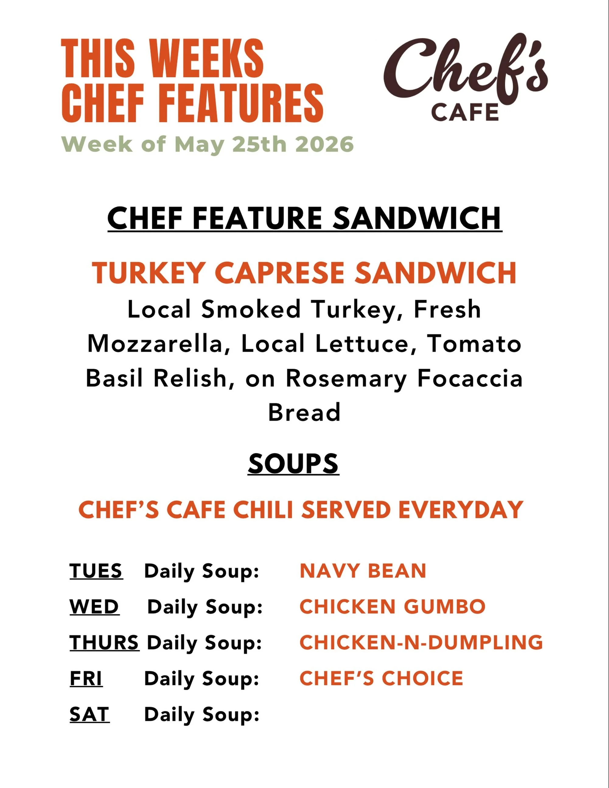 Happy Tuesday and welcome to Summer ☀️
This week is going to be Amazing with the Turkey Caprese Sandwich AND we will be open Saturday for the 1st time !