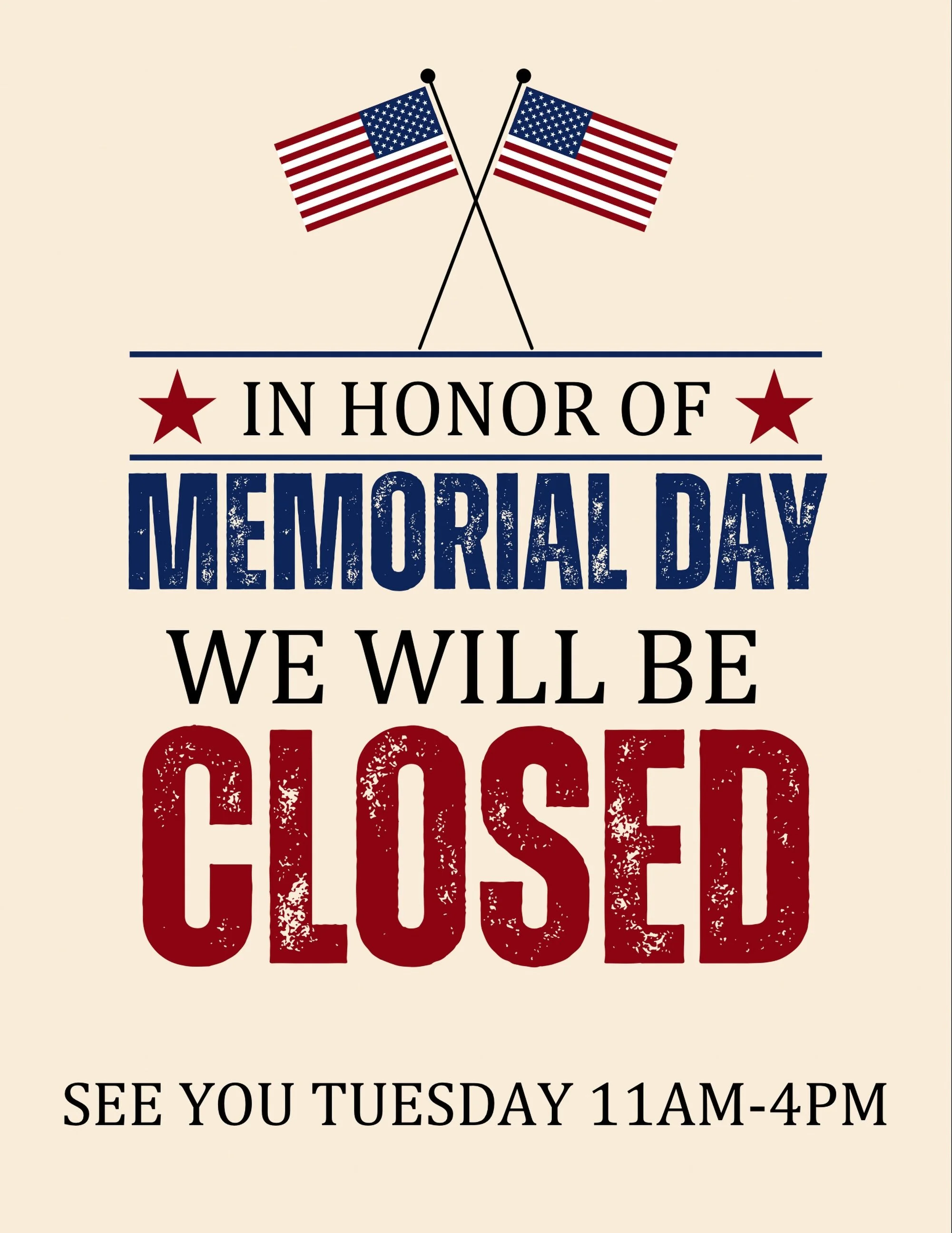 Reminder - we are closed today in honor of Memorial Day, for those who gave it all for our freedom. We hope you have a safe &amp; happy Memorial Day!! 🇺🇸