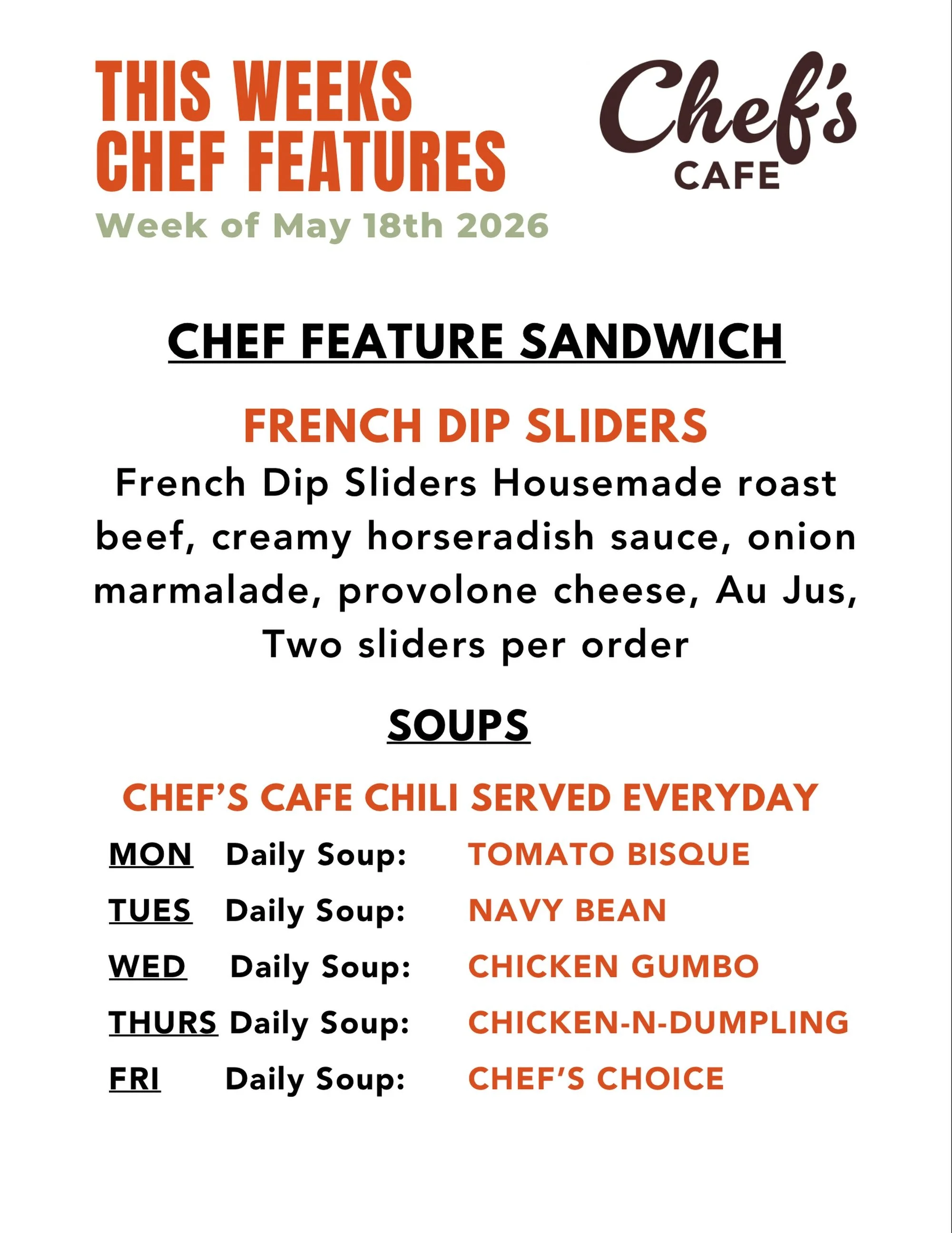 New week. New Chef Feature. ☀️

This week&rsquo;s feature is French Dip Sliders with housemade roast beef, creamy horseradish sauce, onion marmalade, provolone &amp; Au Jus. Two sliders per order and absolutely worth the mess. 😍 

TODAY is our last 