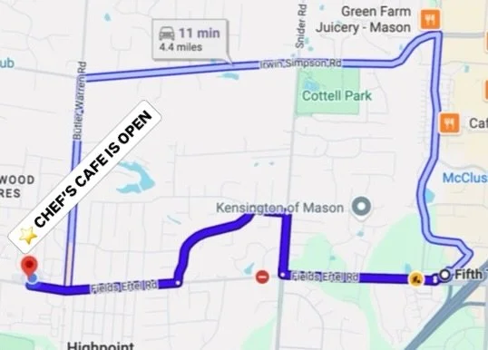 📣 Construction Update: We&rsquo;re Still Open!

We know the road construction around Fields Ertel can make getting here look a little confusing right now. The good news? Chef&rsquo;s Cafe is open and easy to reach! 

We&rsquo;ve attached a quick map
