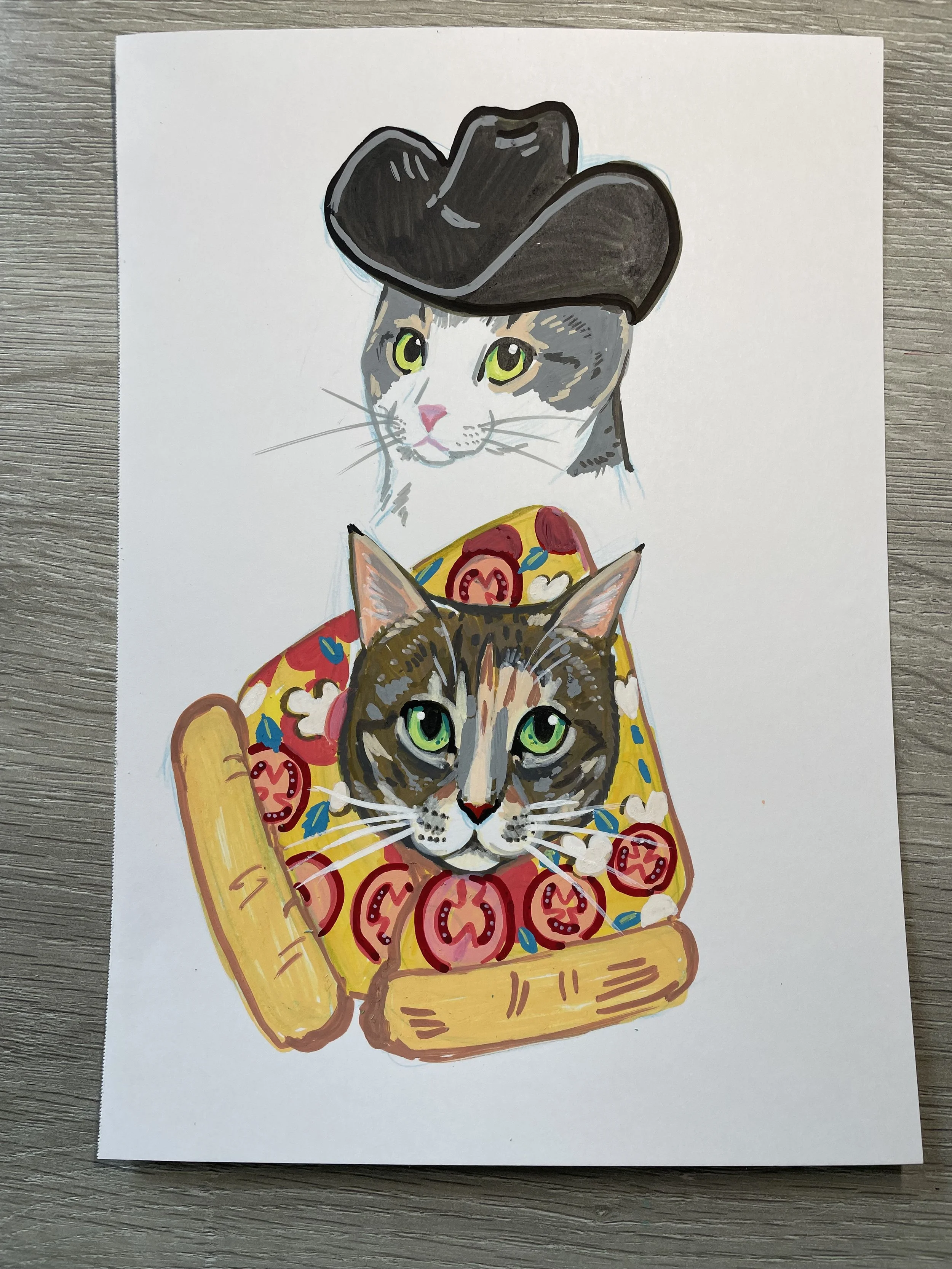 Cowboy and pizza hat cat 5 x 7 acrylic marker theme
