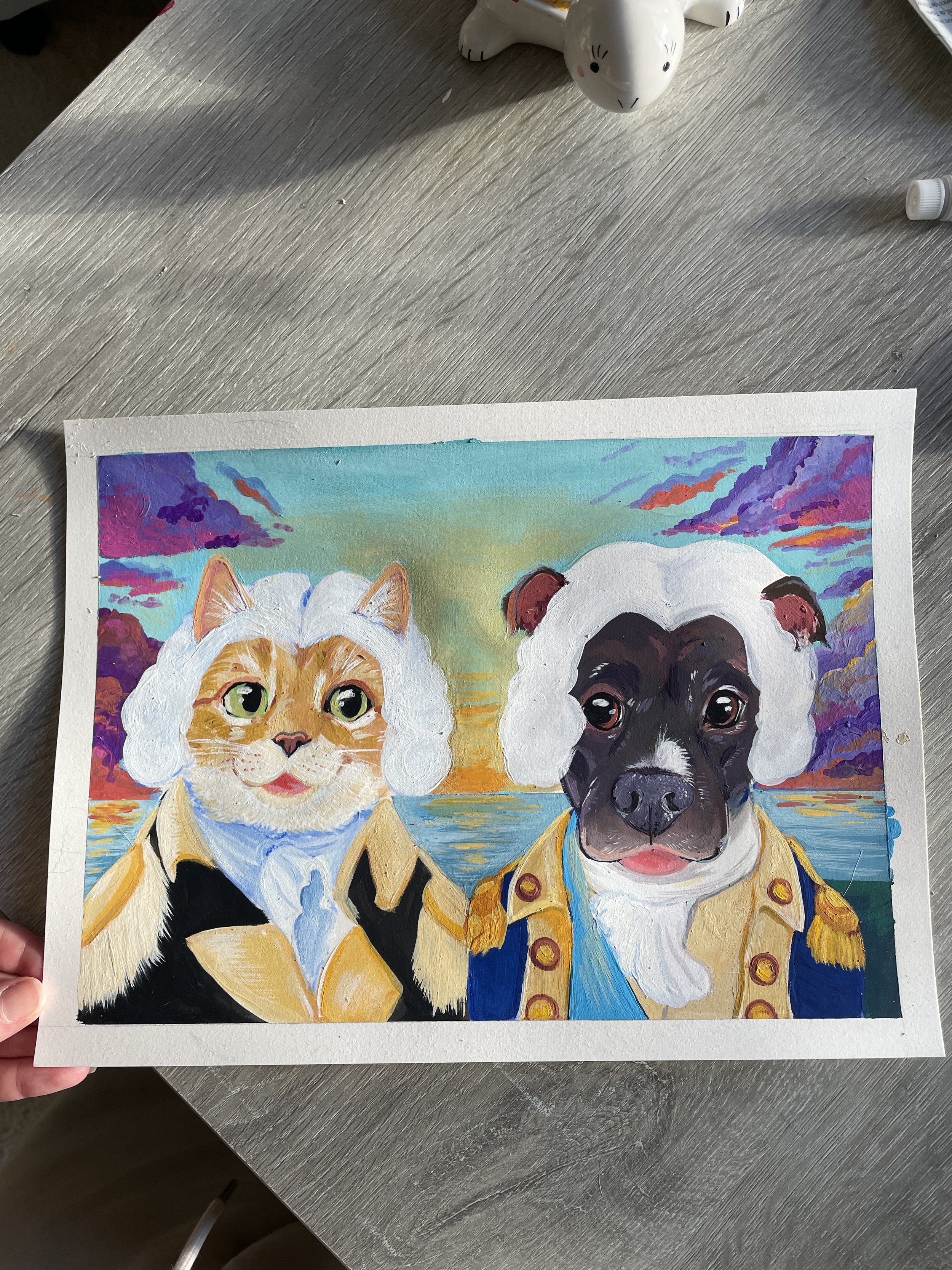 Orange cat and pitbull dog George Washington 9 x 12 Gouache
