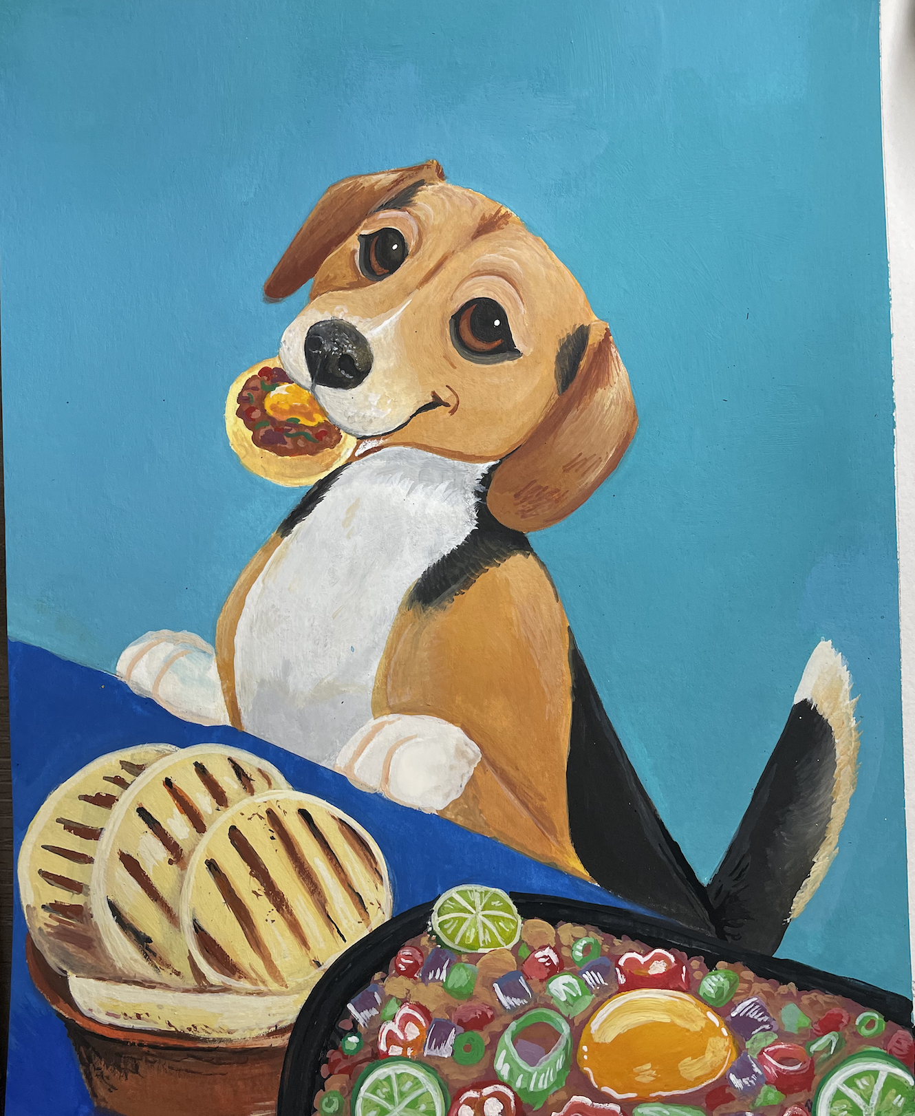Beagle dog with sisig and arepas 9 x 12 Gouache