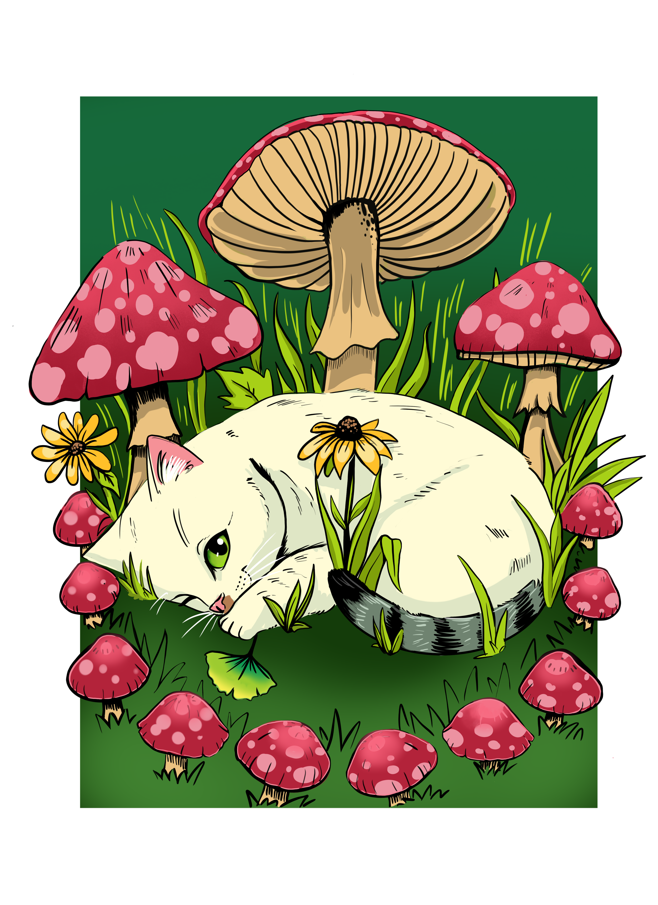 Custom pet portrait of cat in fairy ring of mushrooms ginko leaf custom pet portrait digital art commission