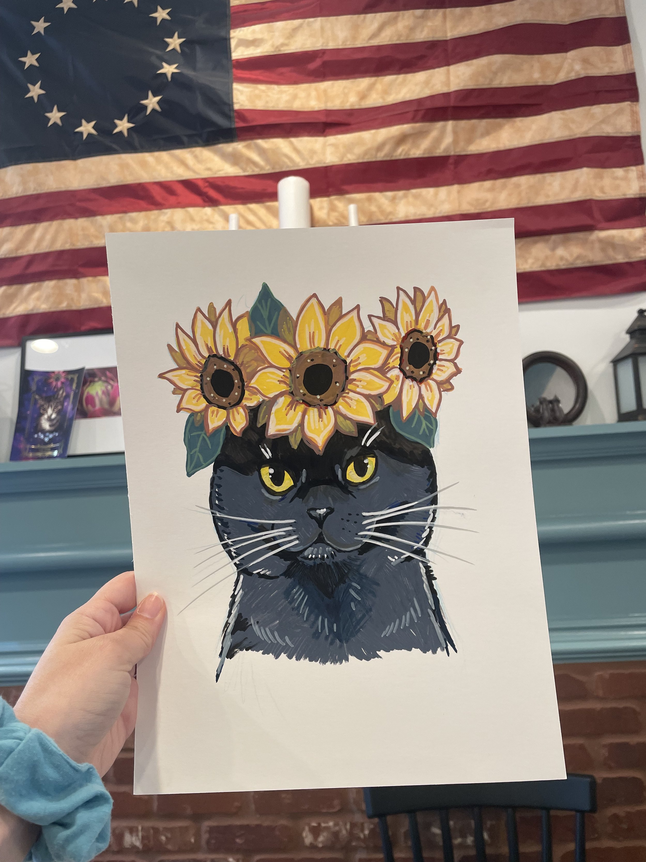 Scottish fold cat sunflower crown 9 x 12 acrylic marker