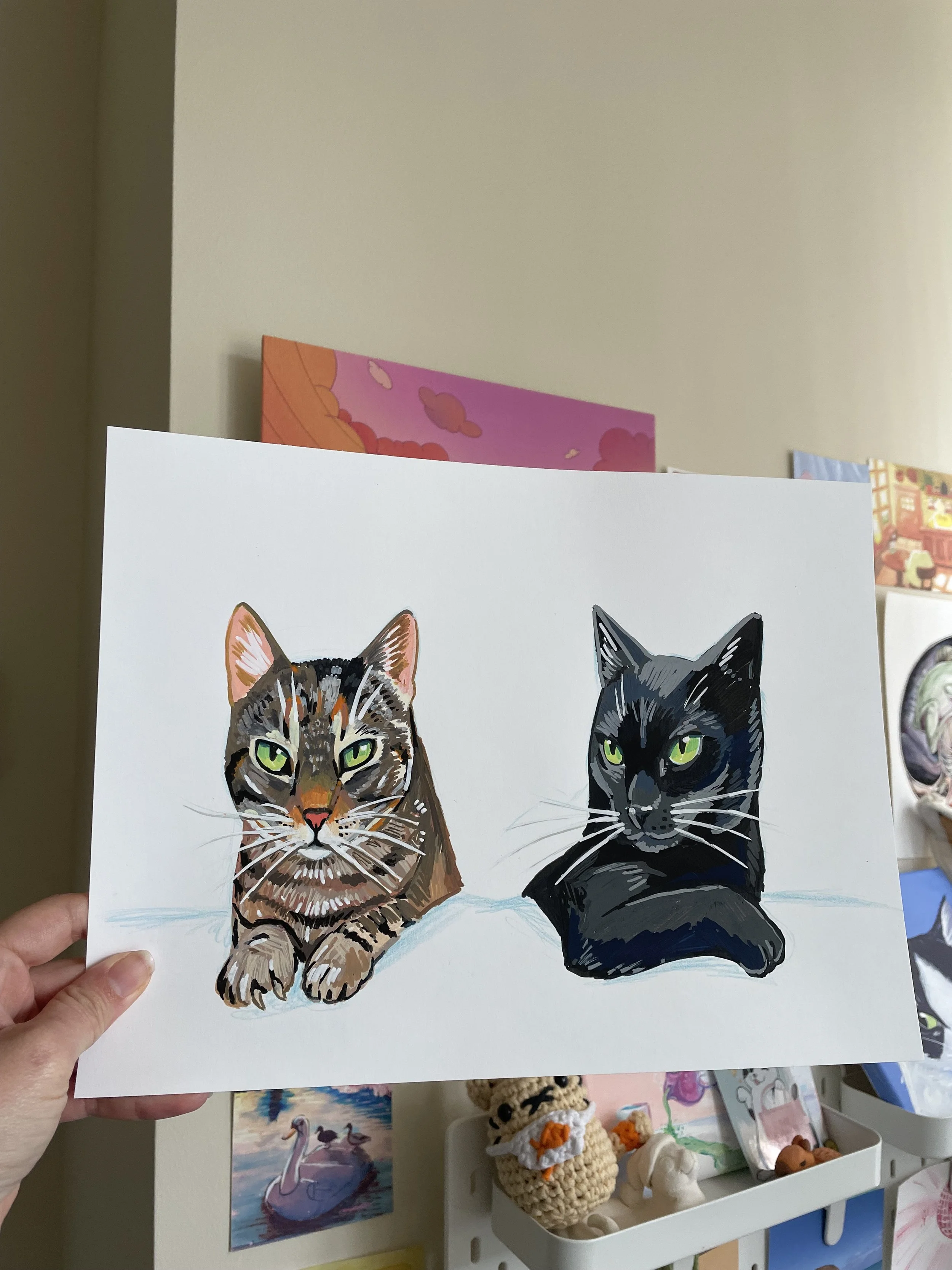 Tabby and black cat 7 x 10 acrylic marker no theme