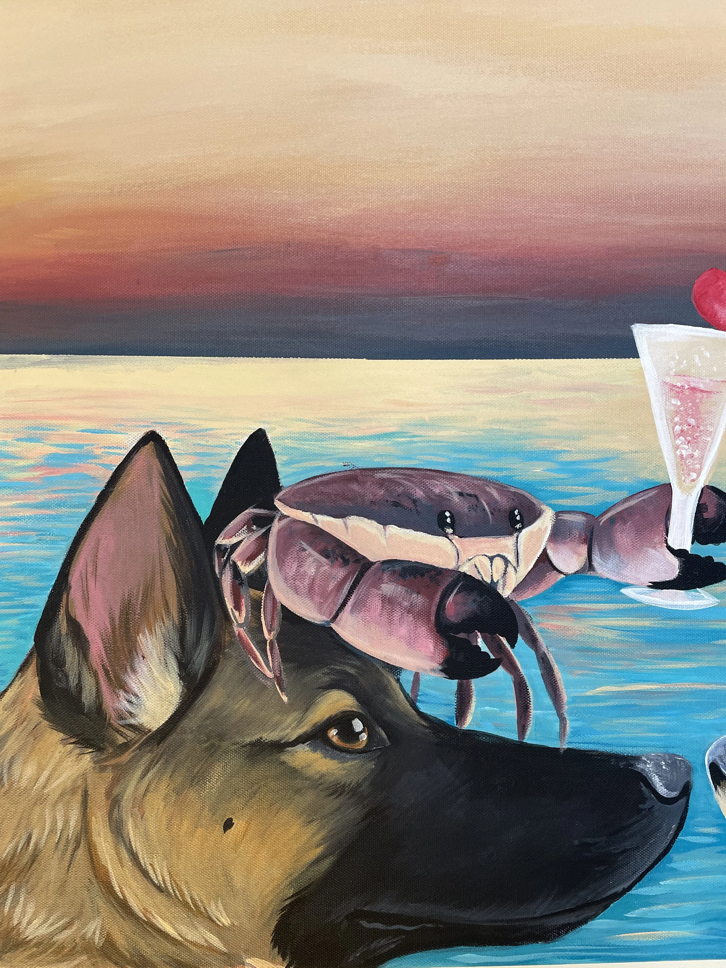 Stone crab and german shepherd dog with champagne