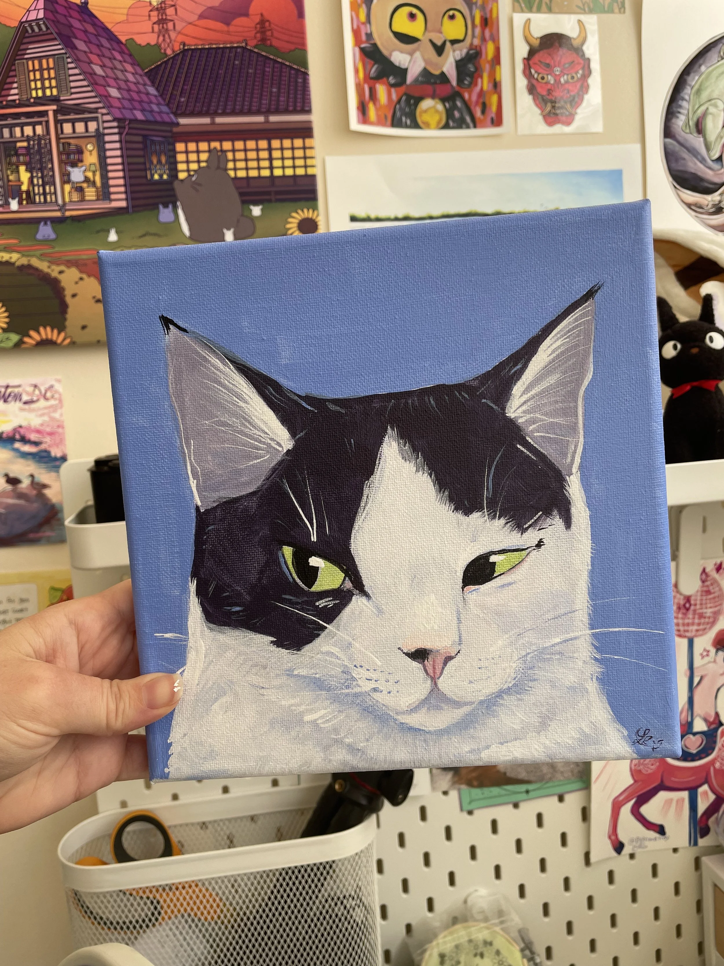 Louise the manager, cat, purple 8 x 8 canvas acrylic, Tats for Cats