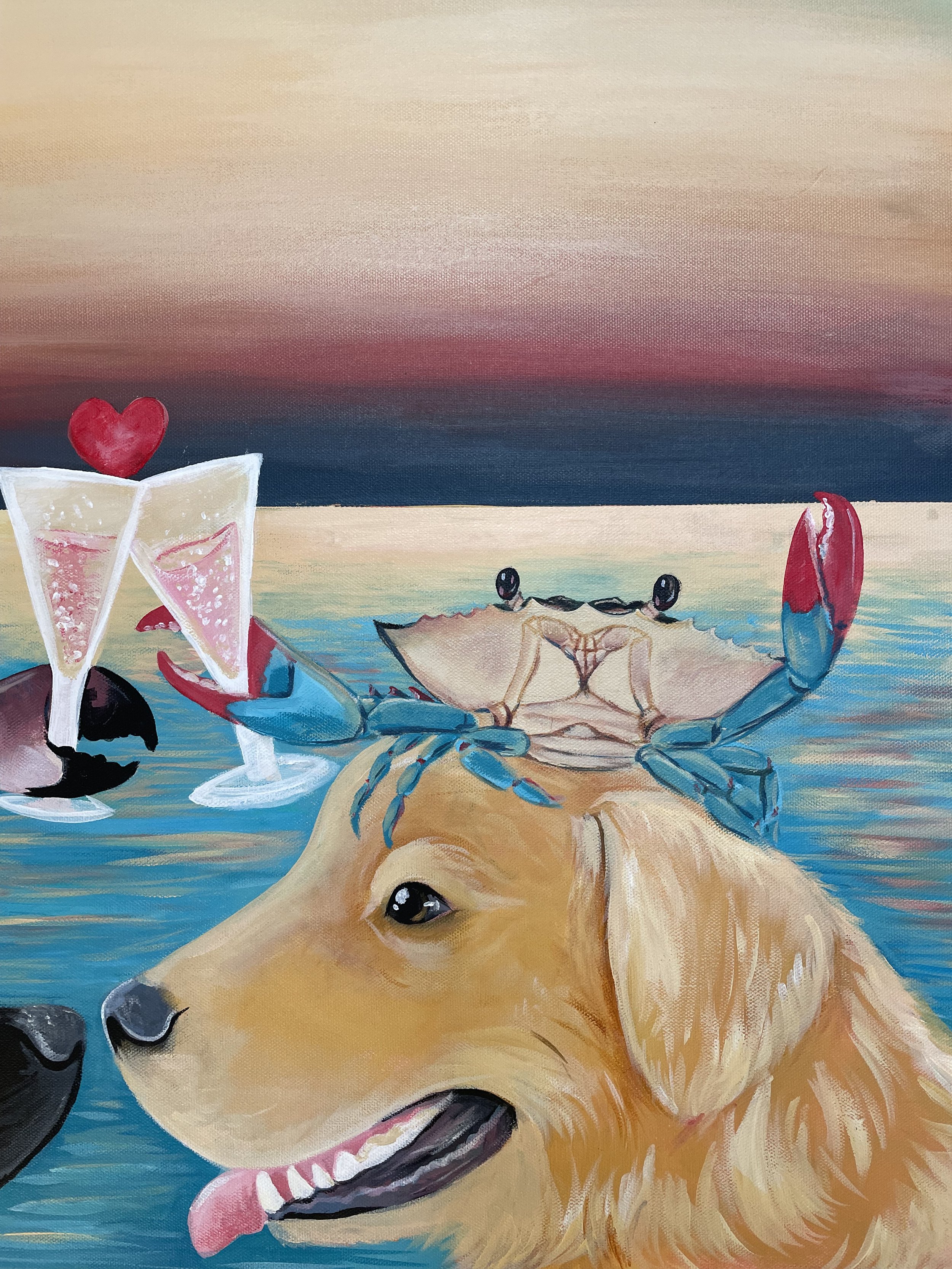 Golden retriever dog and blue crab with champagne