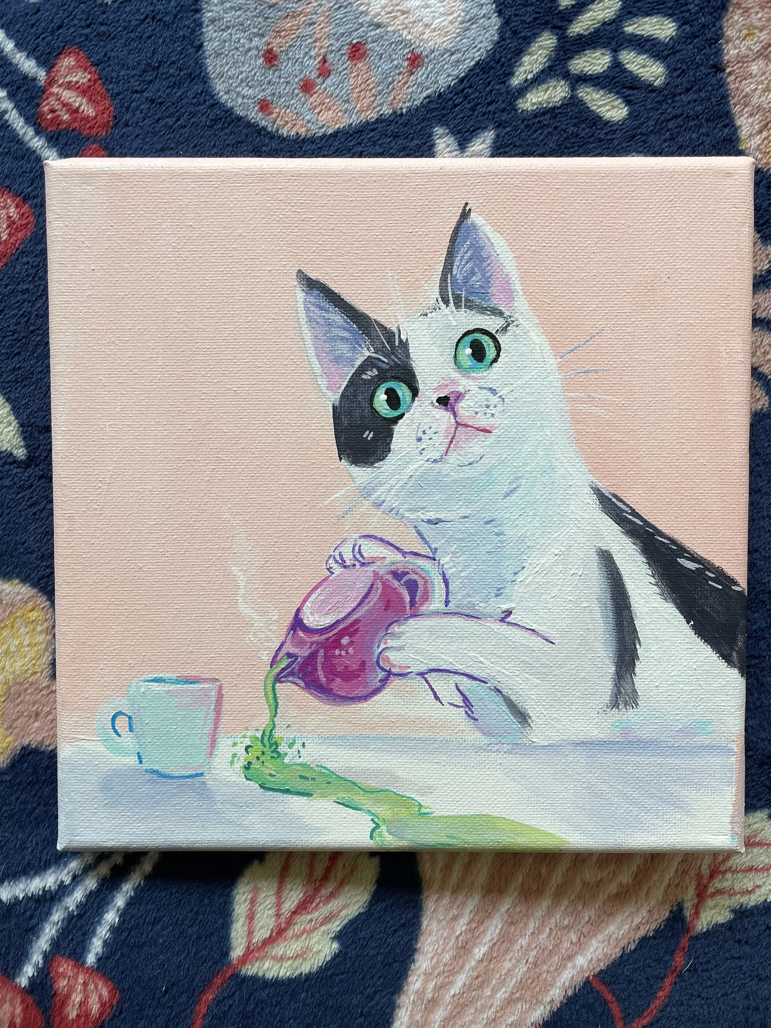 Louise the manager cat pink 8 x 8 canvas acrylic Tats for Cats
