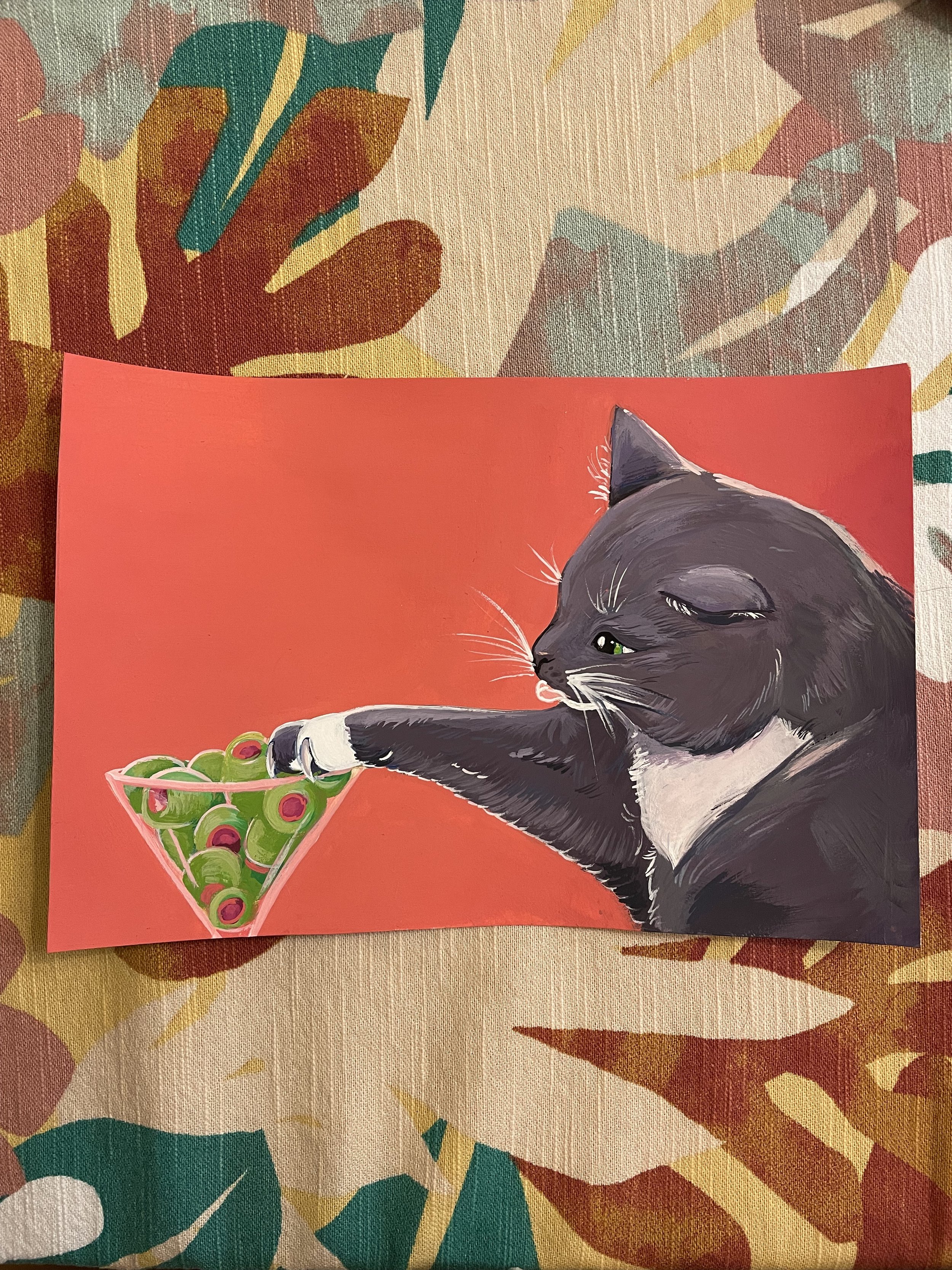 Gray cat stealing olives 9 x 6 Gouache - Pet Memorial