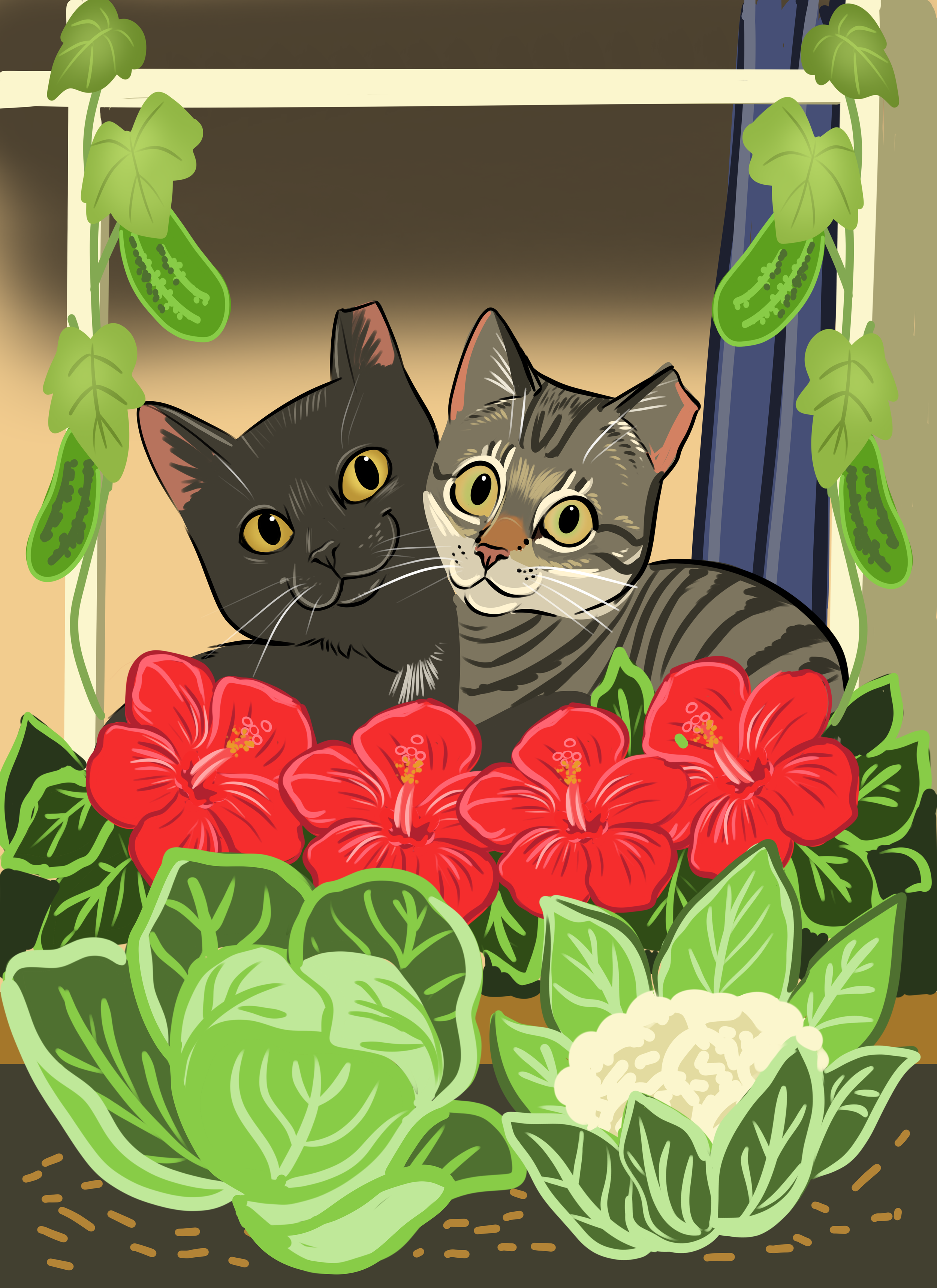 Black and tabby cat vegetable garden digital artwork