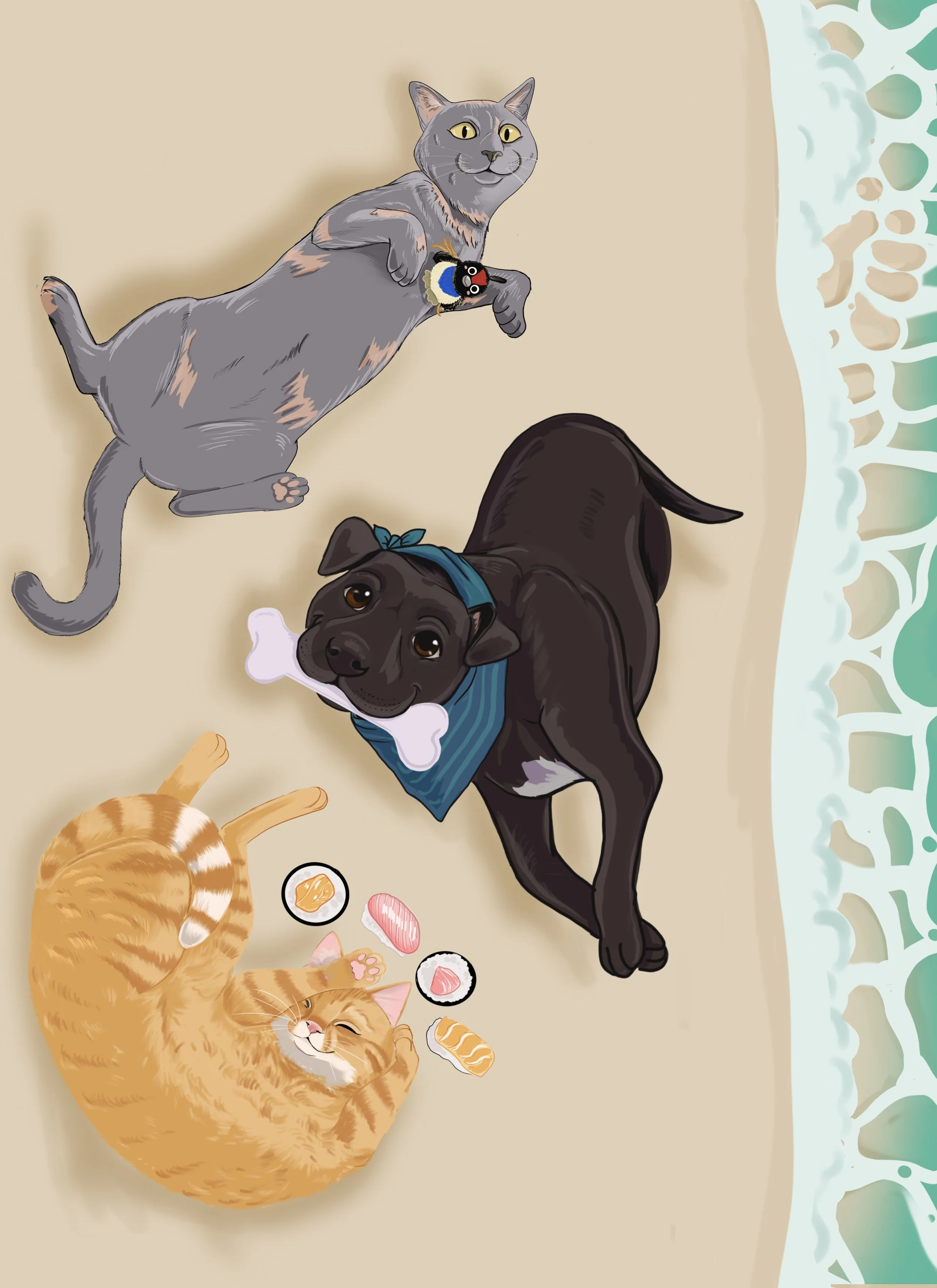 Dog and cats on beach Digital Artwork