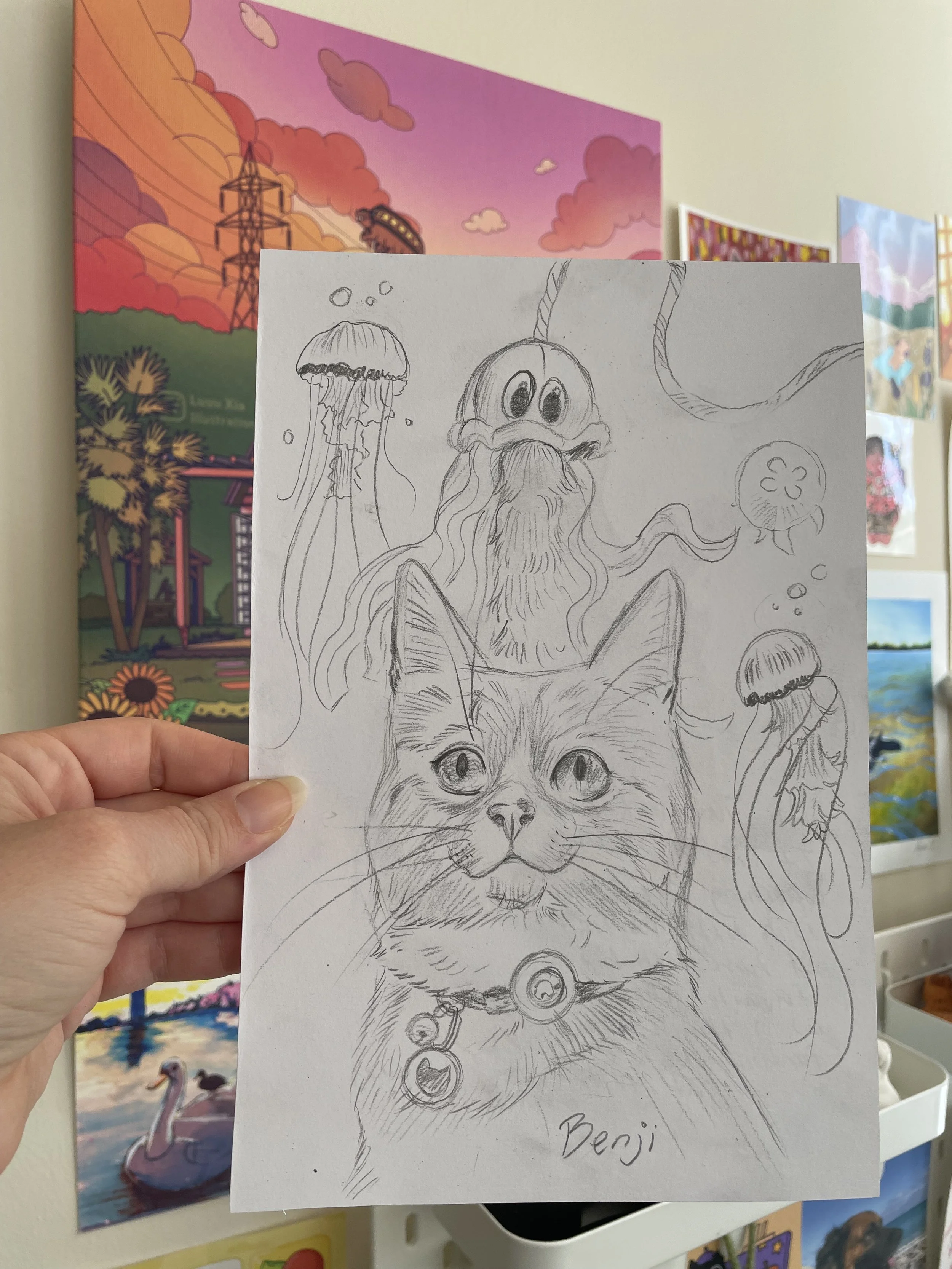Orange cat 5 x 7 pencil drawing Meowtel