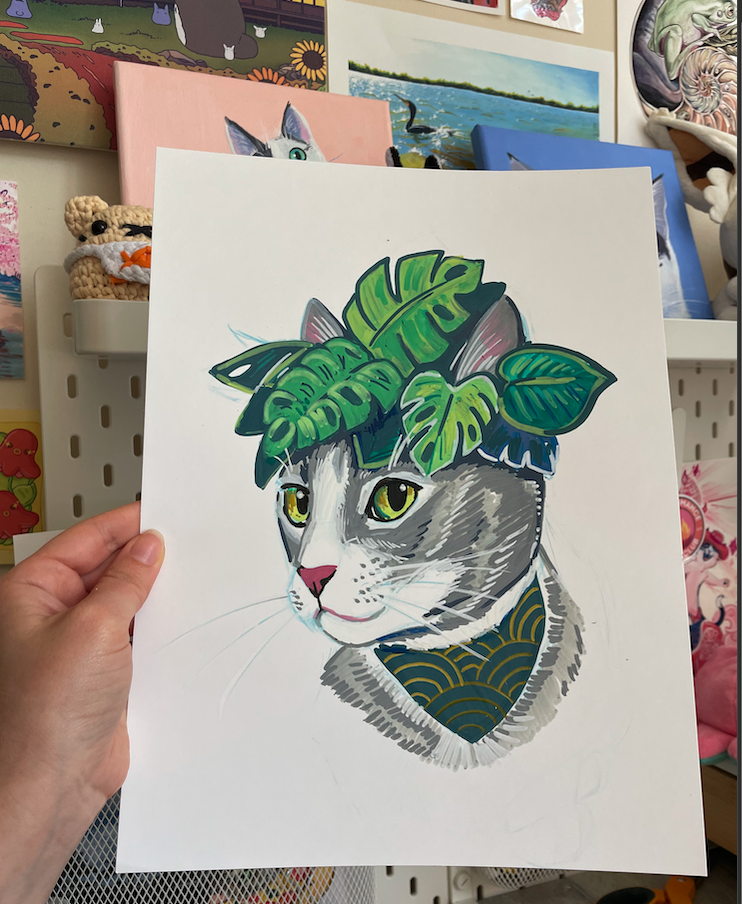 Gray tabby cat monstera leaf crown 9 x 12 acrylic marker