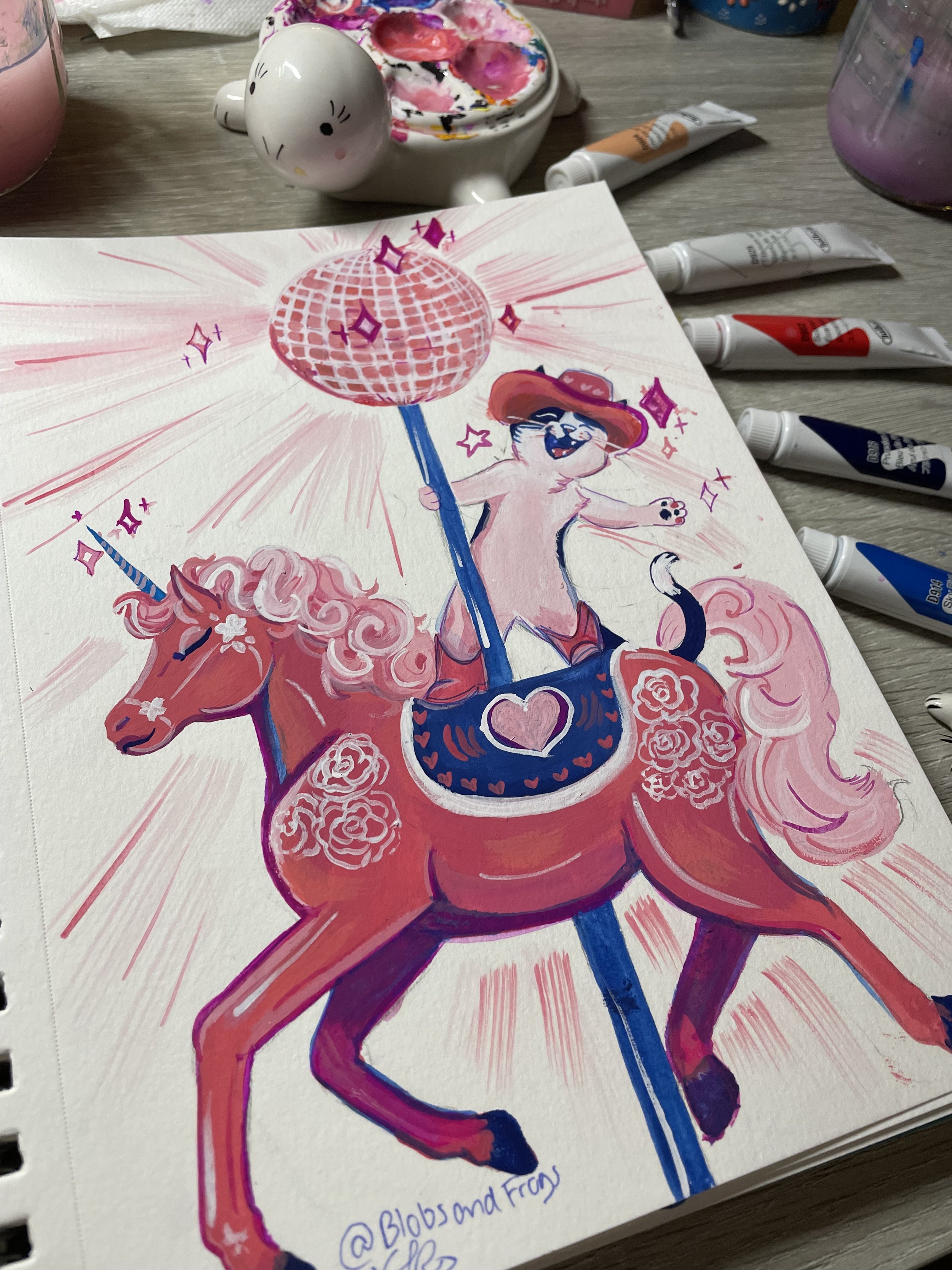 Pink Pony Club Cat 7 x 10 Gouache