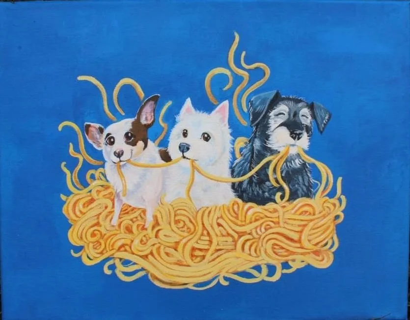 Chihuahua, Westie, and Schnauzer dogs spaghetti 11 x 14 acrylic