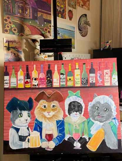 Mount Purrnon Cafe Cats Colonial Virginia 16 x 20 acrylic