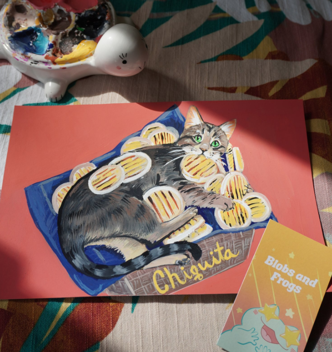 Tabby cat with arepas portrait 6 x 9 Gouache