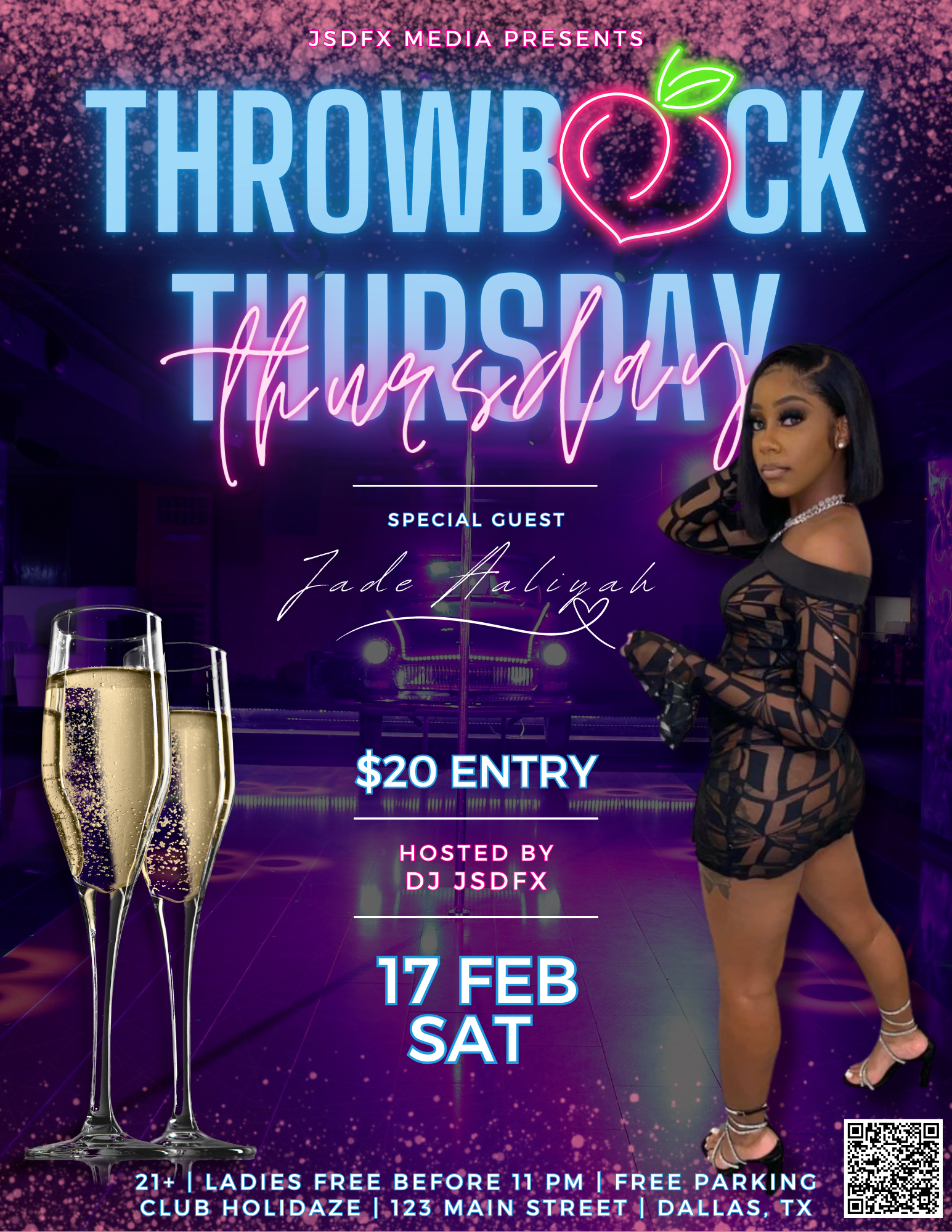 Event poster for Throwback Thursday at Club Holidaze, featuring neon text and graphics, a woman in a black dress, two glasses of champagne, and event details including date, entry fee, and location in Dallas, Texas.