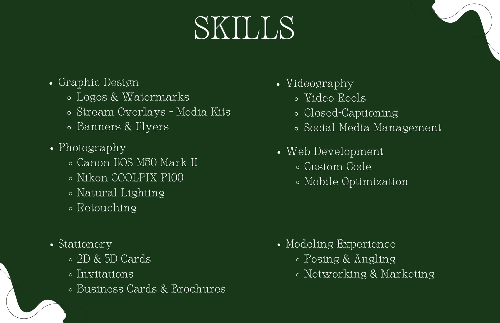 Green background displaying graphic design, photography, stationery, videography, web development, and modeling skills for a portfolio or resume.