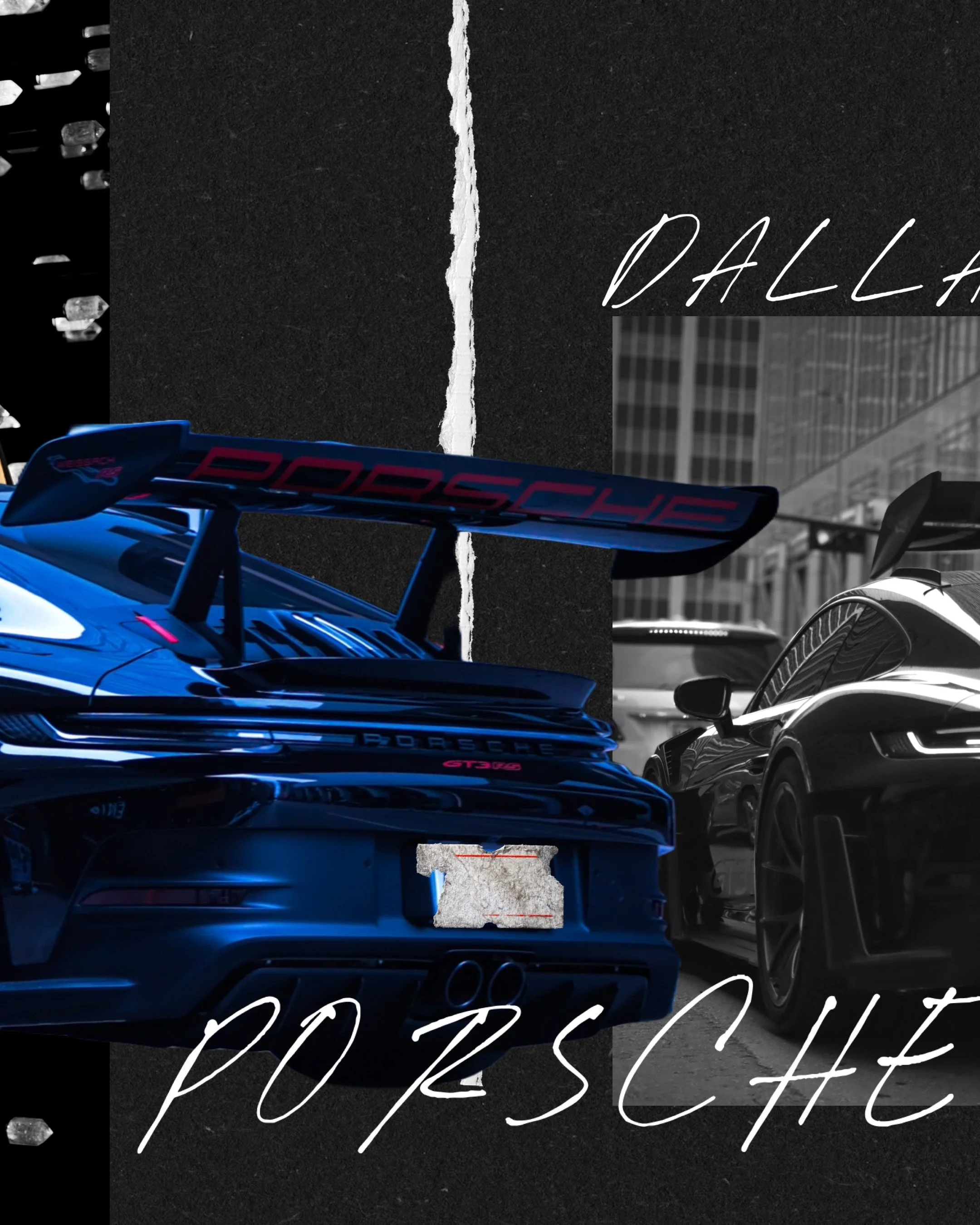 Two Porsche sports cars parked on a city street, with black, white, and blue color tones, and the word 'Porsche' written twice in a cursive font.