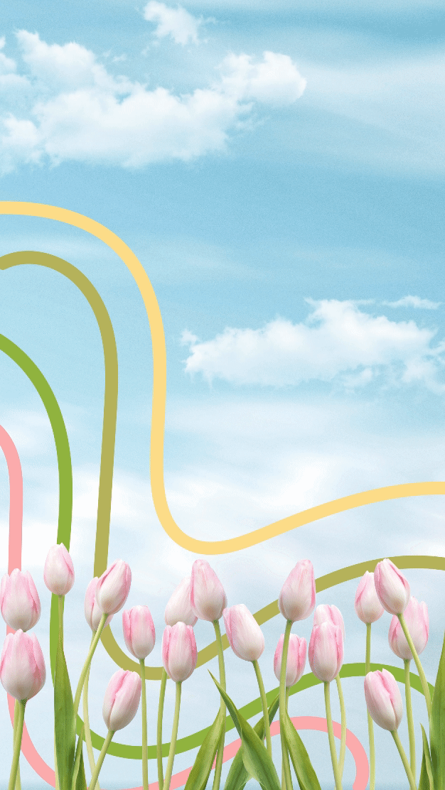 Pink and white tulips growing against a background of blue sky and white clouds, with colorful curved lines in yellow, green, and pink.
