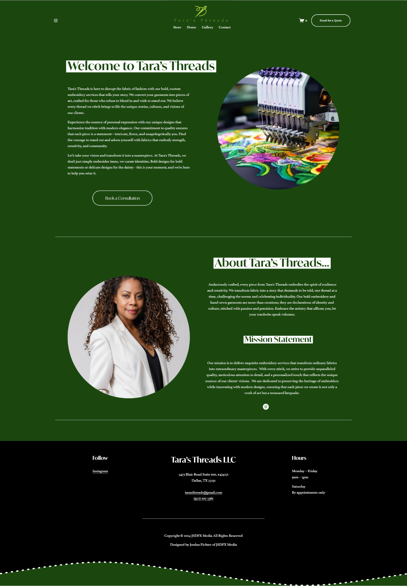 Homepage of Tara's Threads website featuring embroidery services, including a photo of a machine embroidery process and a portrait of a woman with curly hair in a white blazer.