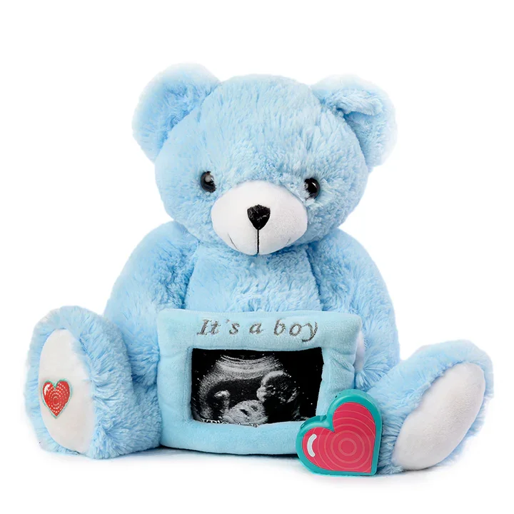 A blue teddy bear holding a framed ultrasound image with the words 'It's a boy' embroidered on it, sitting with a small red and green heart-shaped decoration in front.