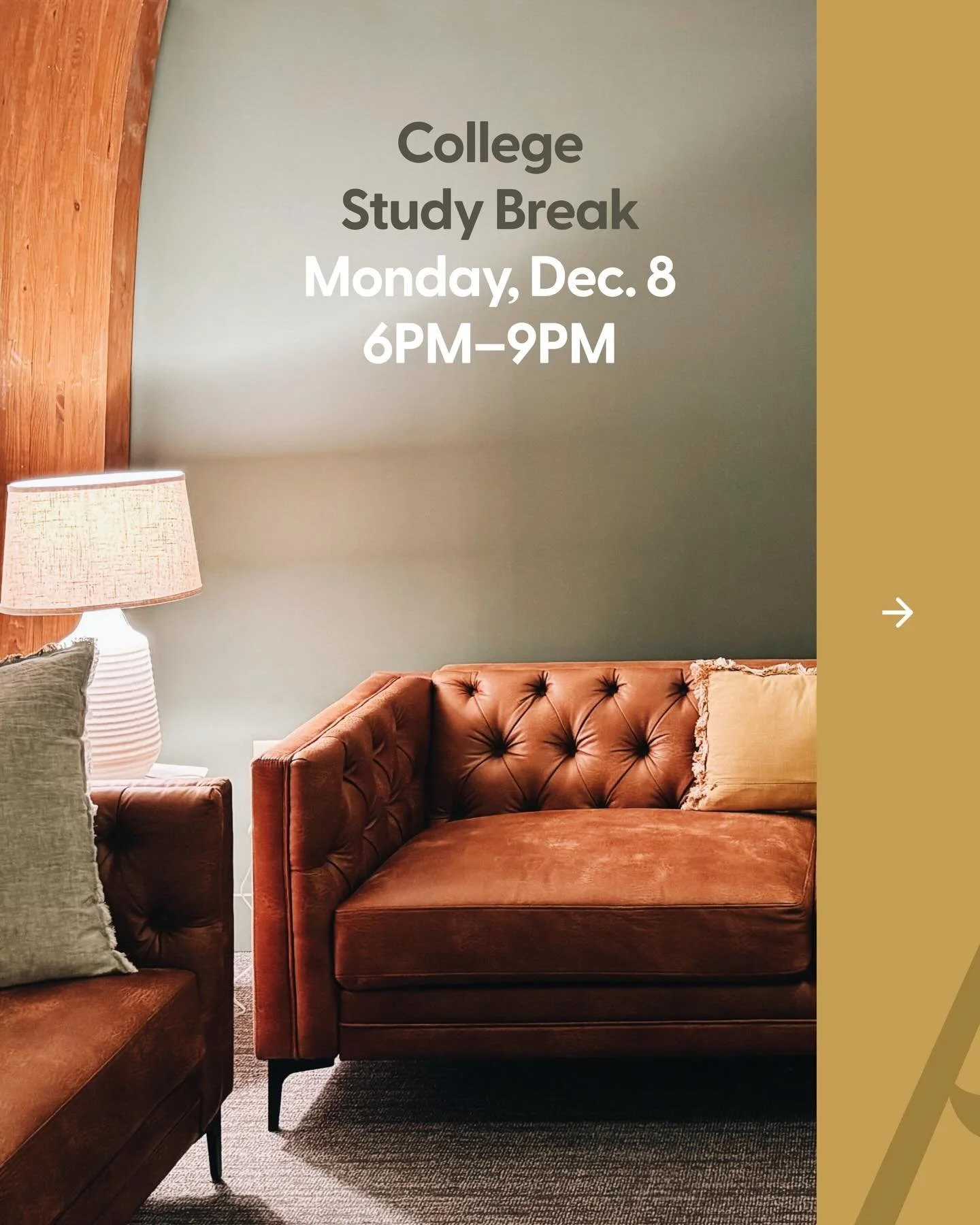 College and Graduate Students are invited to take a break from studying for finals on Monday evening (12/8) at the church from 6-9 p.m. Stop by and enjoy some pizza and whatever fuels your study: coffee, hot chocolate, tea, cookies, and other treats.