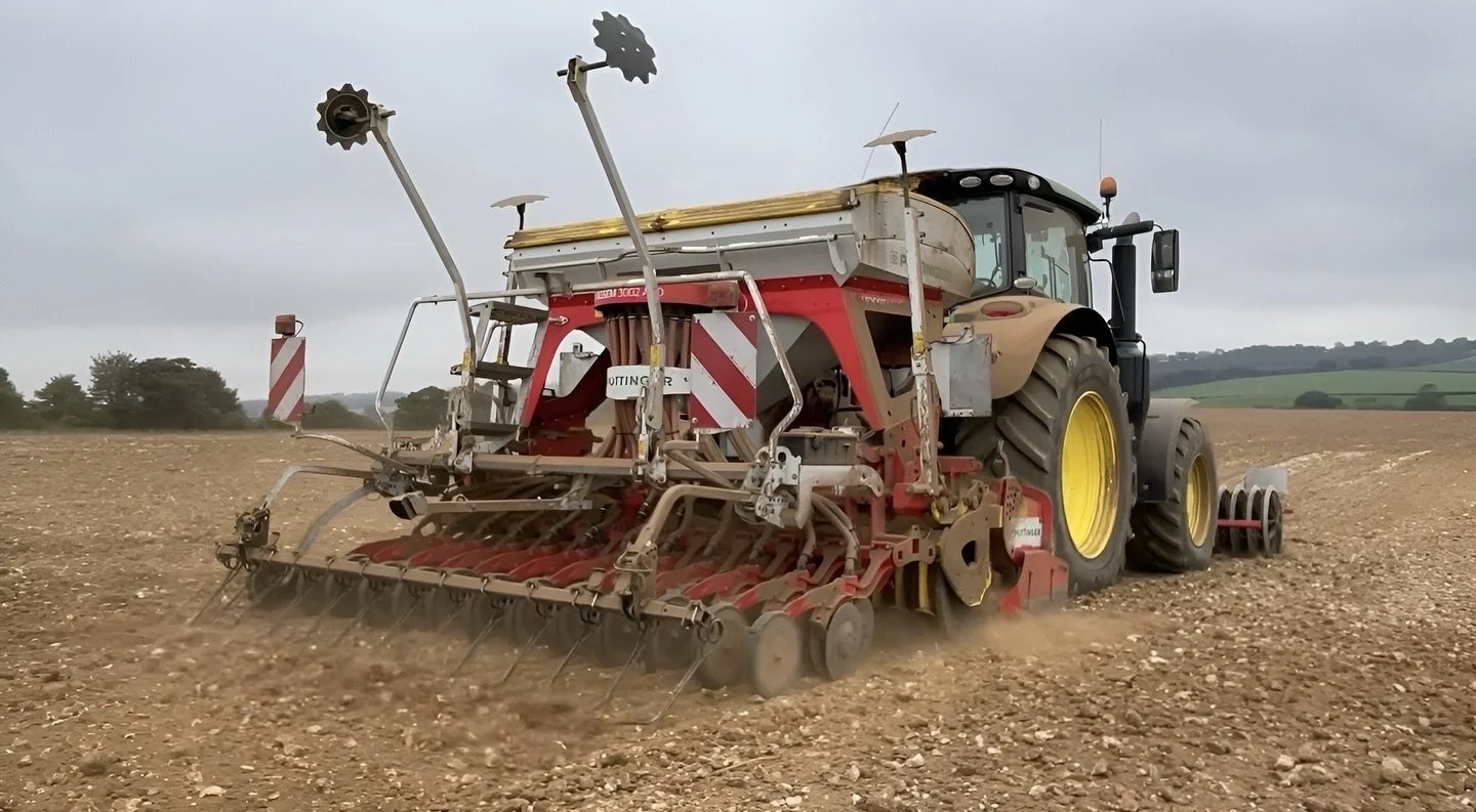 Spring barley being drilled, ready to be harvested, malted, and brewed into beer later this year. 

Shout out to British farmers &mdash; up early, working hard, and growing the barley that becomes our beer. 🌾🍺