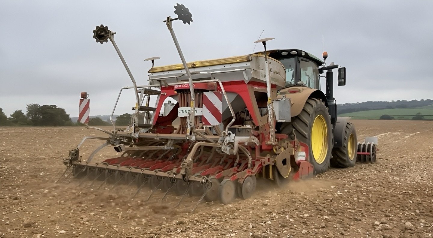Spring barley being drilled, ready to be harvested, malted, and brewed into beer later this year. 

Shout out to British farmers &mdash; up early, working hard, and growing the barley that becomes our beer. 🌾🍺